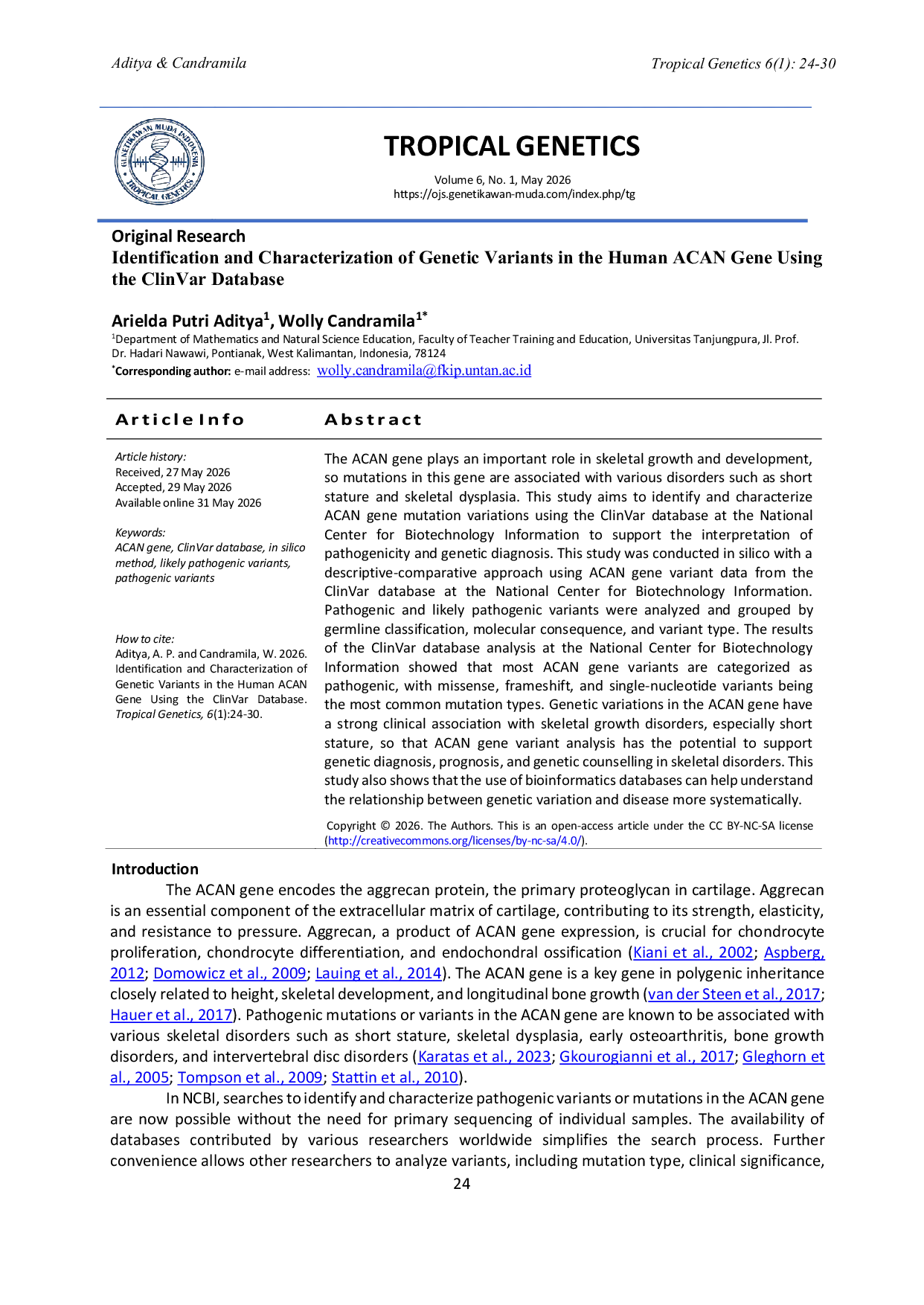 JURIS Identification and Characterization of Genetic Variants in the Human ACAN Gene Using the ClinVar Database