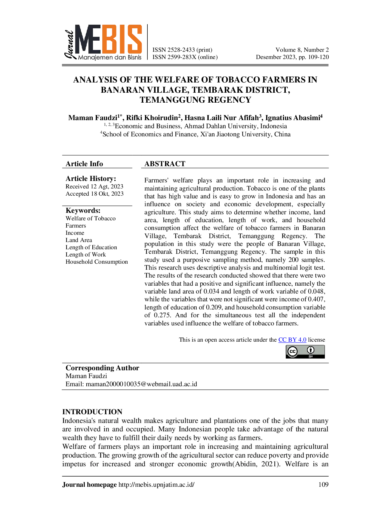 JURIS Analysis Of The Welfare Of Tobacco Farmers In Banaran Village Tembarak District Temanggung Regency