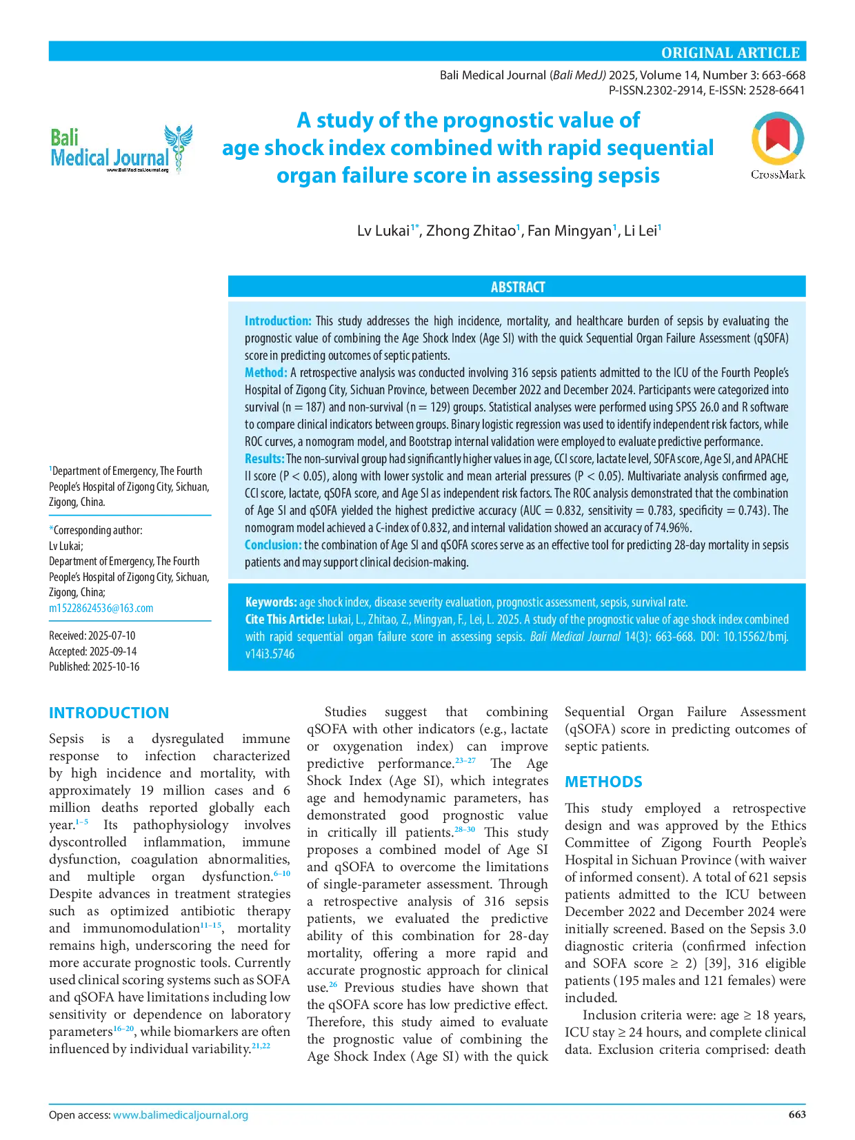 JURIS A study of the prognostic value of age shock index combined with rapid sequential organ failure score in assessing sepsis