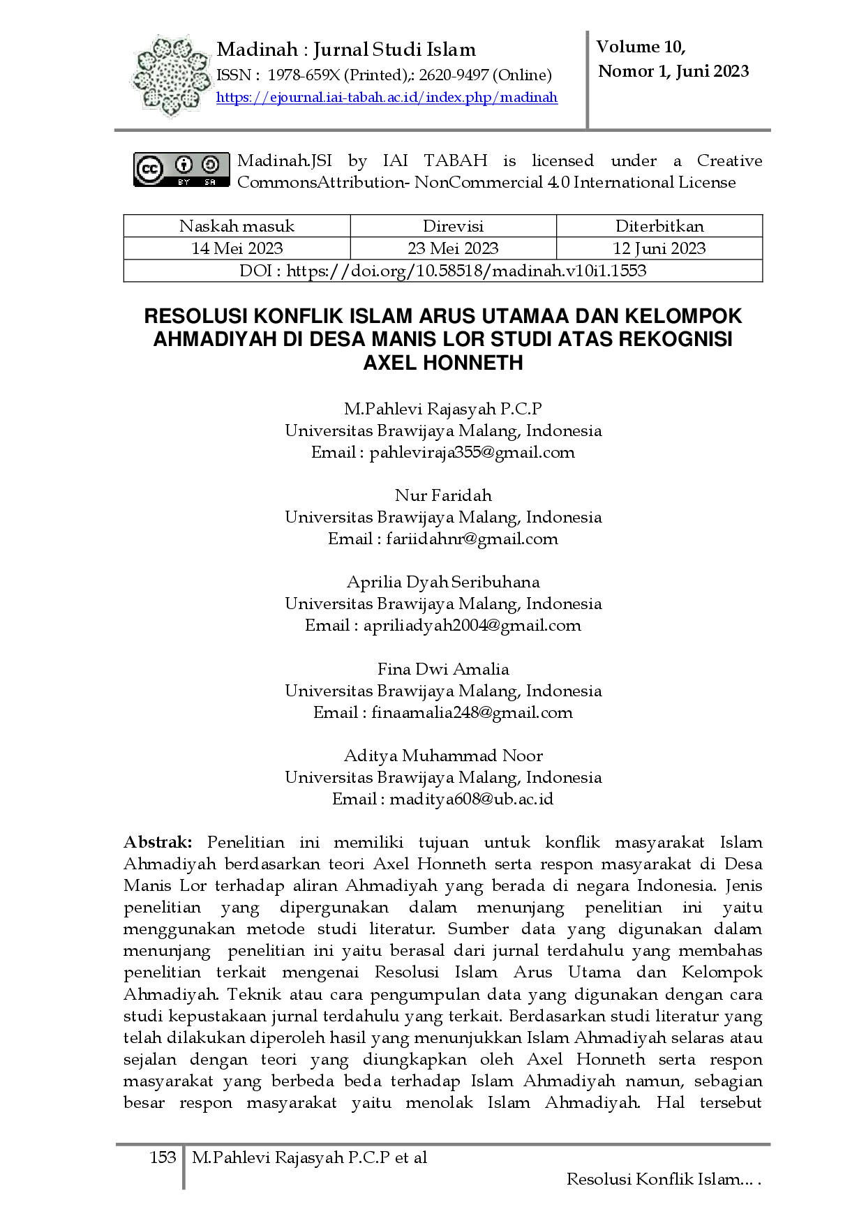 juris Resolusi Konflik Islam Arus Utama dan Kelompok Ahmadiyah di Desa Manis Lor Studi Atas Rekognisi Axel Honneth