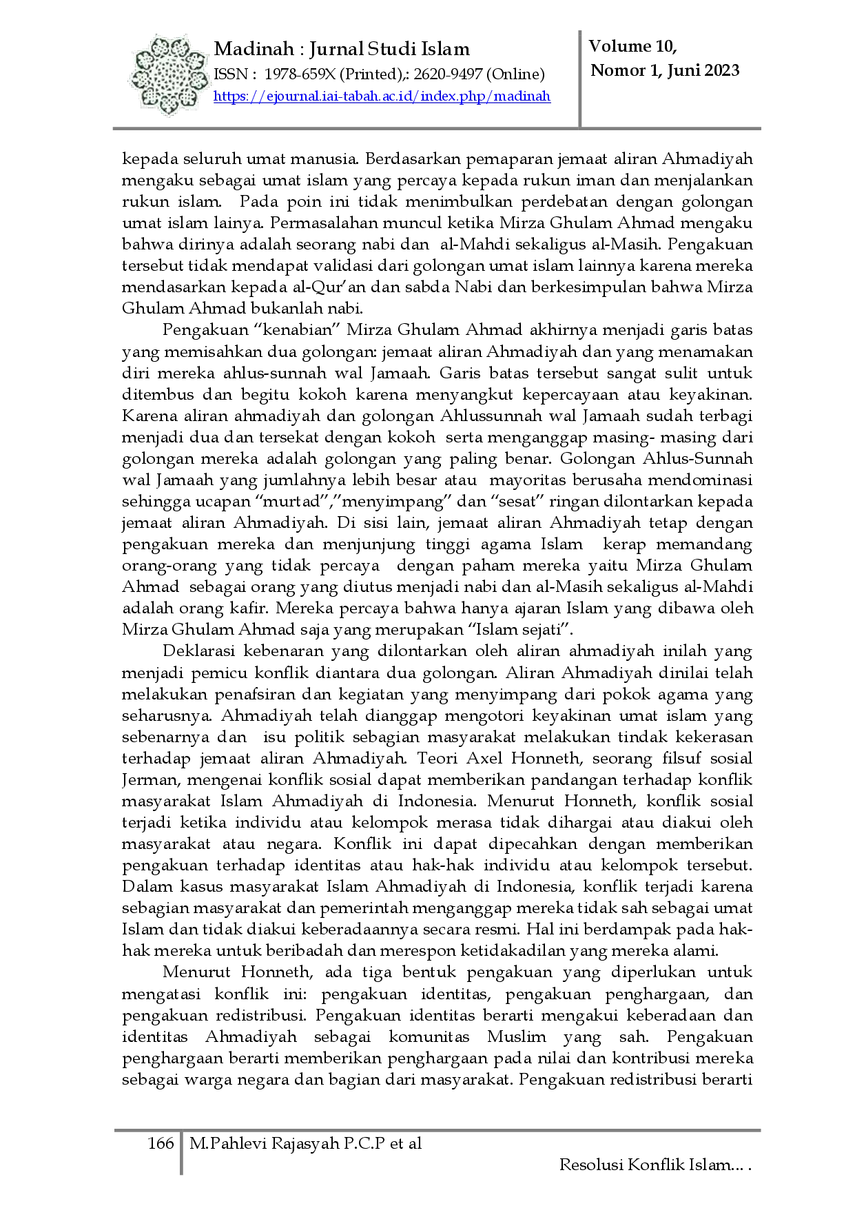 juris Resolusi Konflik Islam Arus Utama dan Kelompok Ahmadiyah di Desa Manis Lor Studi Atas Rekognisi Axel Honneth