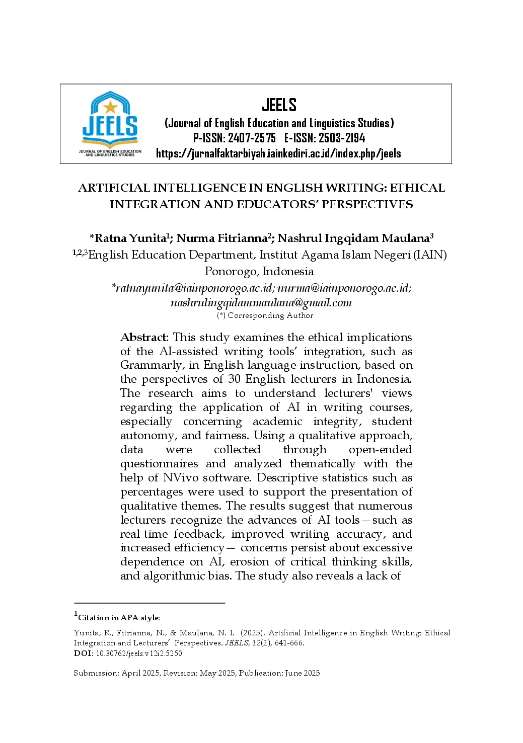 juris Artificial Intelligence in English Writing Ethical Integration and Educators Perspectives