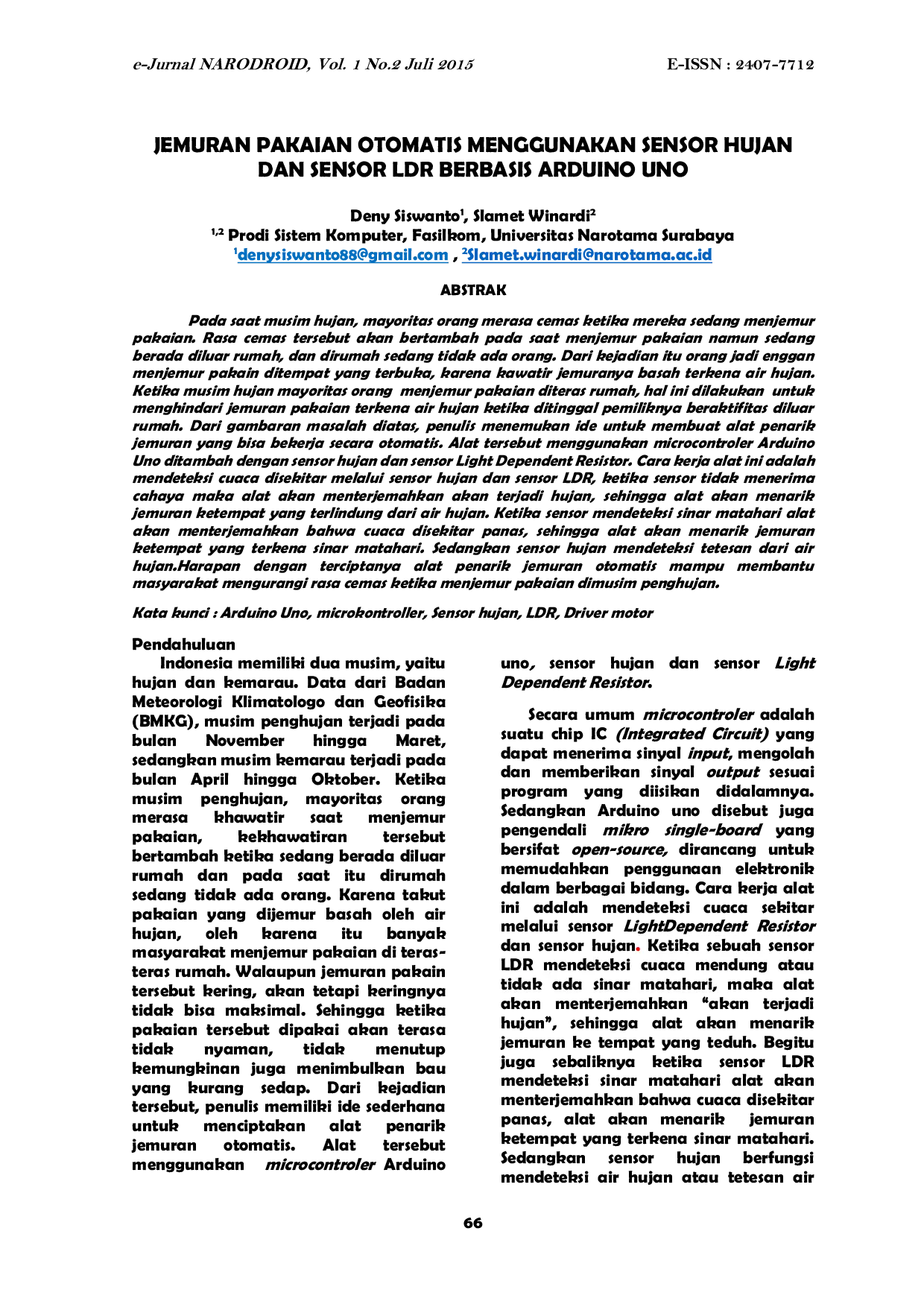 JURIS Jemuran Pakaian Otomatis Menggunakan Sensor Hujan Dan Sensor Ldr Berbasis Arduino Uno