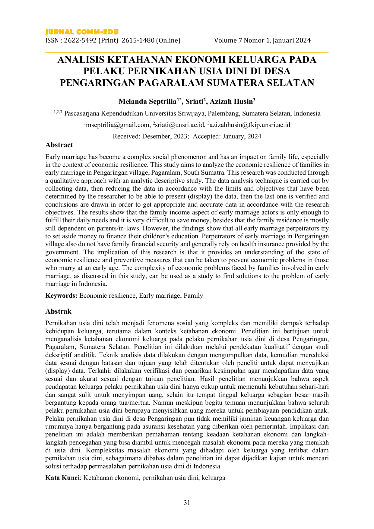 JURIS Analisis Ketahanan Ekonomi Keluarga Pada Pelaku Pernikahan Usia Dini Di Desa Pengaringan Pagaralam Sumatera Selatan
