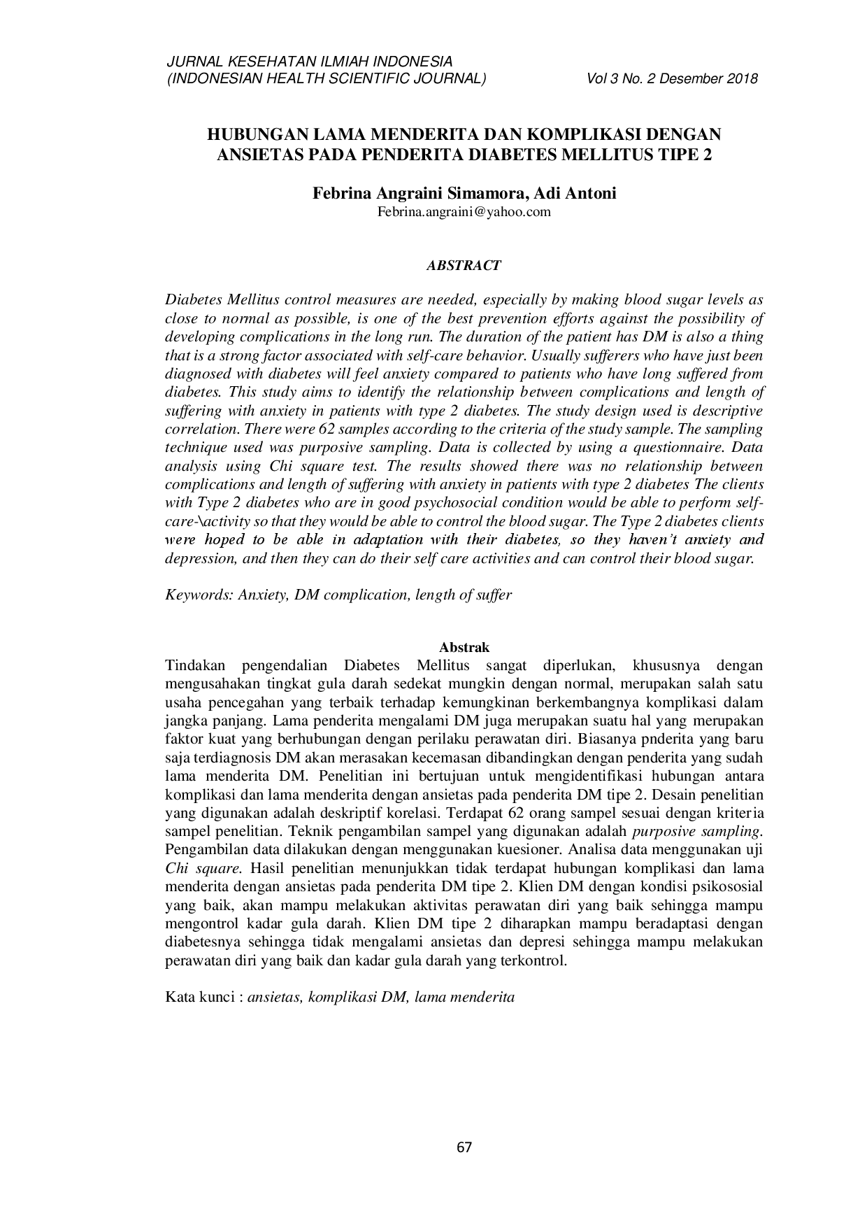 JURIS Hubungan Lama Menderita dan Komplikasi dengan Ansietas pada Penderita Diabetes Mellitus Tipe 2