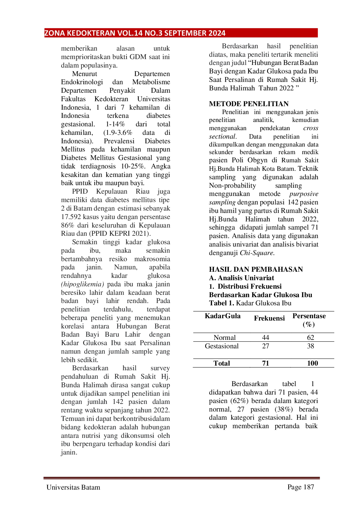 JURIS Hubungan Berat Badan Bayi Baru Lahir dengan Kadar Glukosa Ibu saat Persalinan di Rumah Sakit Hj Bunda Halimah Kota Batam Tahun 2022