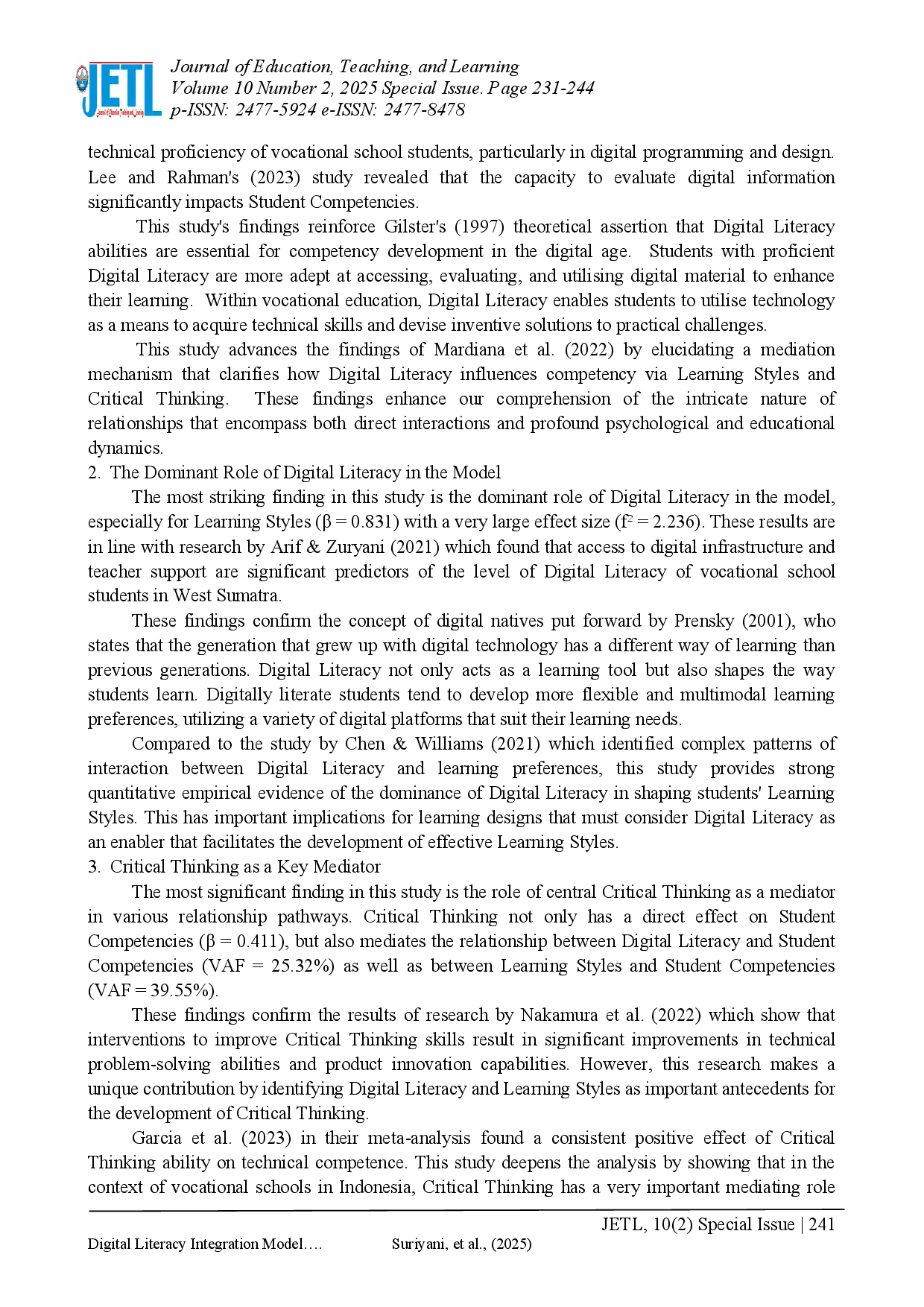 juris Digital Literacy Integration Model and Creative Thinking for Enhancing Vocational Student Competencies in the Society 5 0 Era