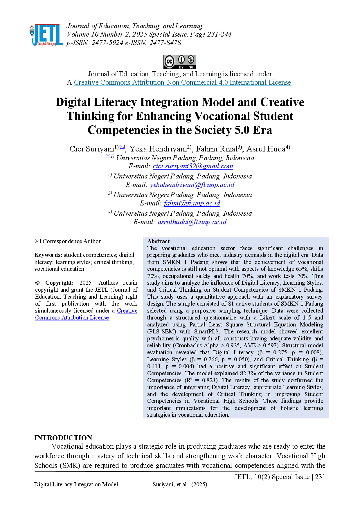 juris Digital Literacy Integration Model and Creative Thinking for Enhancing Vocational Student Competencies in the Society 5 0 Era
