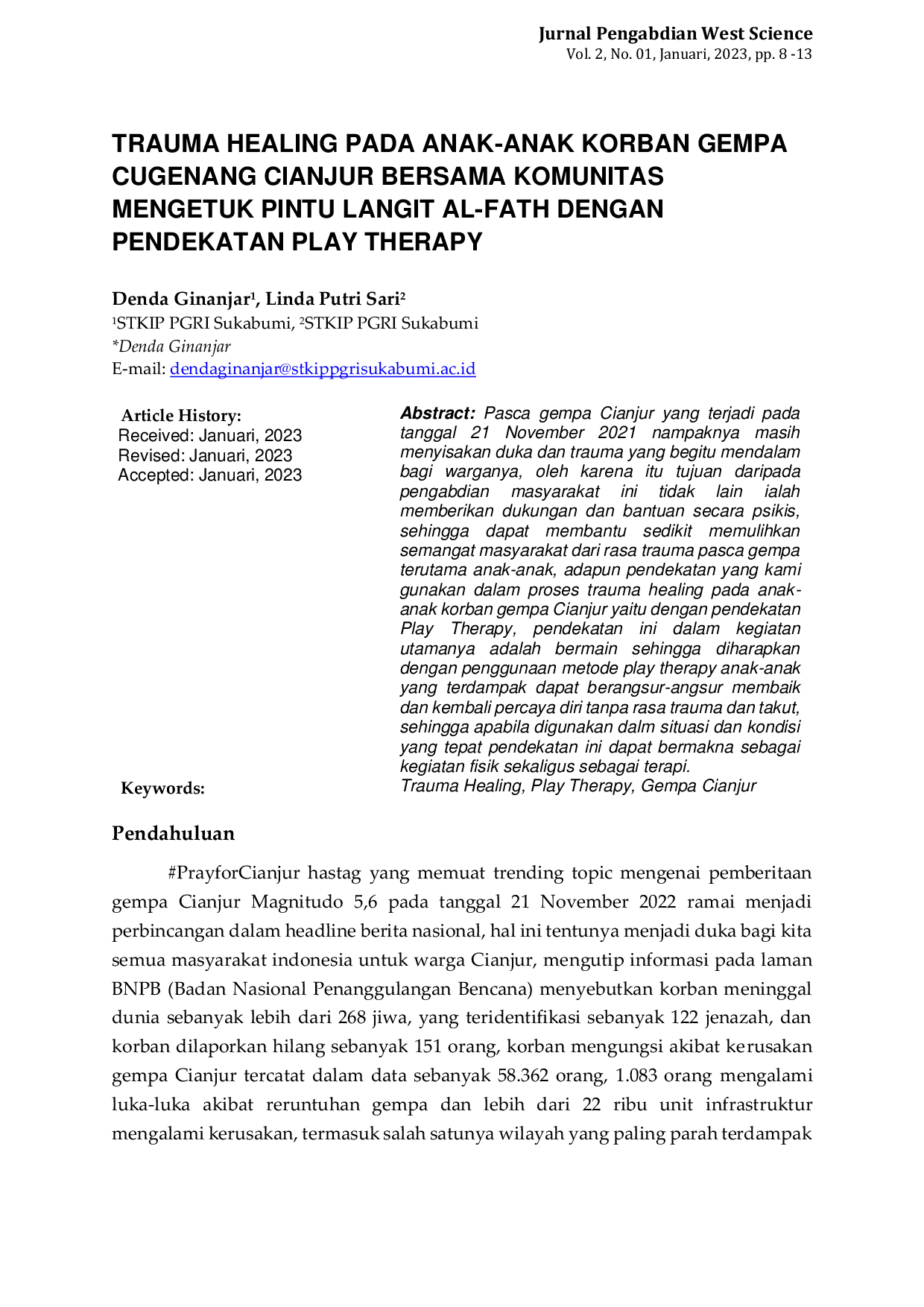 JURIS Trauma Healing Pada Anak Anak Korban Gempa Cugenang Cianjur Bersama Komunitas Mengetuk Pintu Langit Al Fath Dengan Pendekatan Play Therapy