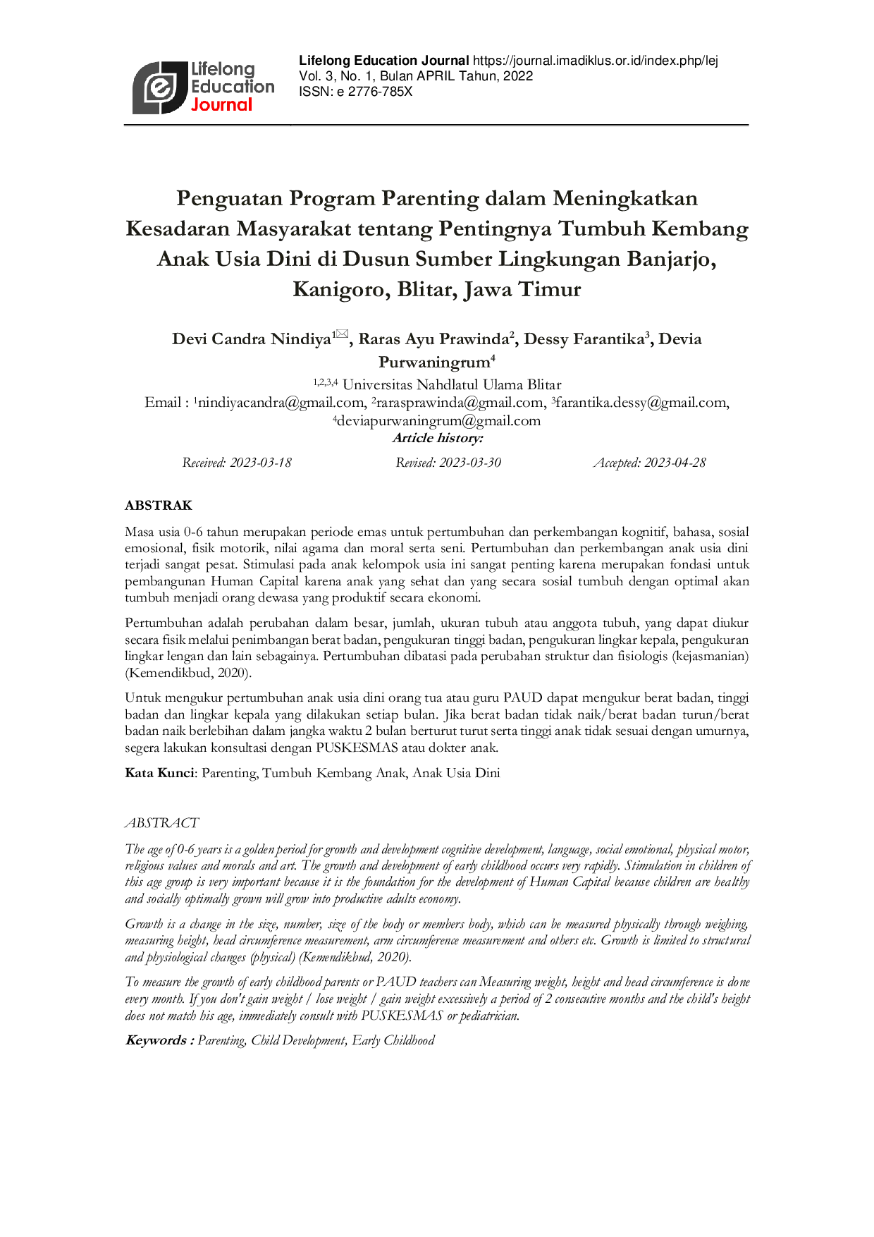 JURIS Penguatan Program Parenting dalam Meningkatkan Kesadaran Masyarakat tentang Pentingnya Tumbuh Kembang Anak Usia Dini di Dusun Sumber Lingkungan Banjarjo Kanigoro Blitar Jawa Timur