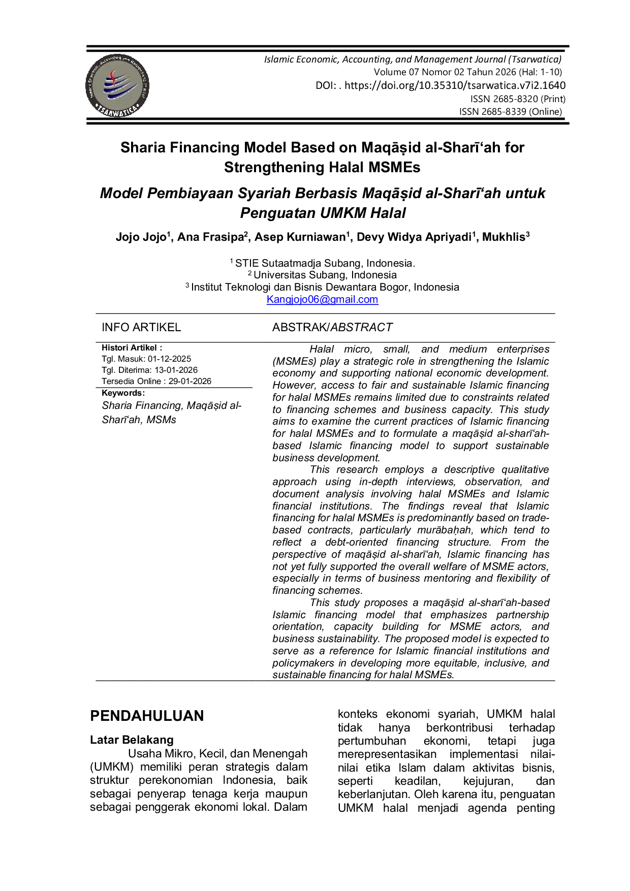 JURIS Sharia Financing Model Based on Maq id al Shari ah for Strengthening Halal MSMEs