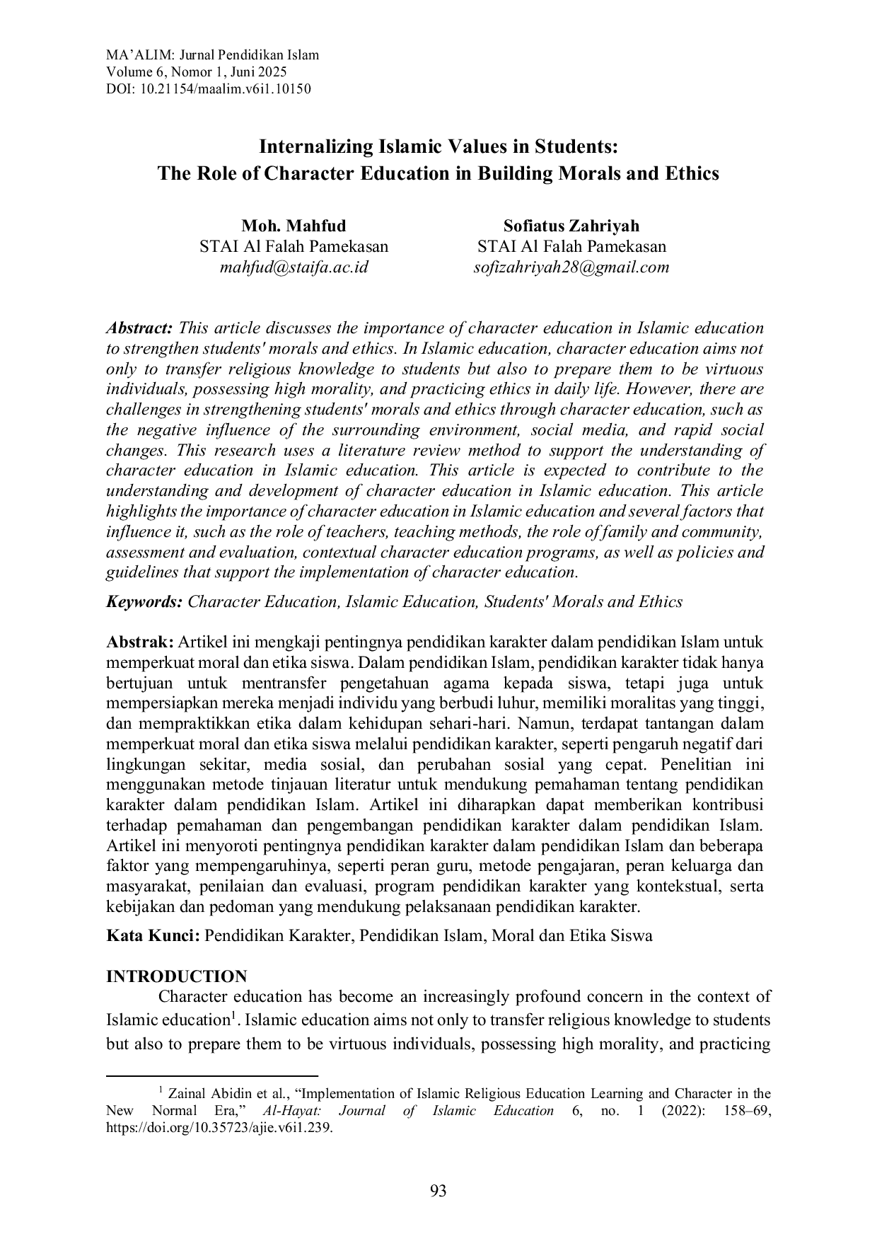 JURIS Internalizing Islamic Values in Students The Role of Character Education in Building Morals and Ethics