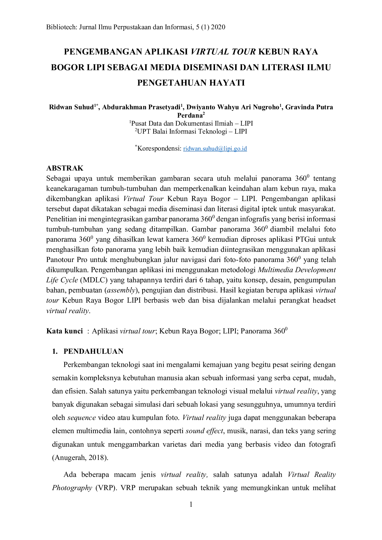 JURIS Pengembangan Aplikasi Virtual Tour Kebun Raya Bogor Lipi Sebagai Media Diseminasi Dan Literasi Ilmu Pengetahuan Hayati