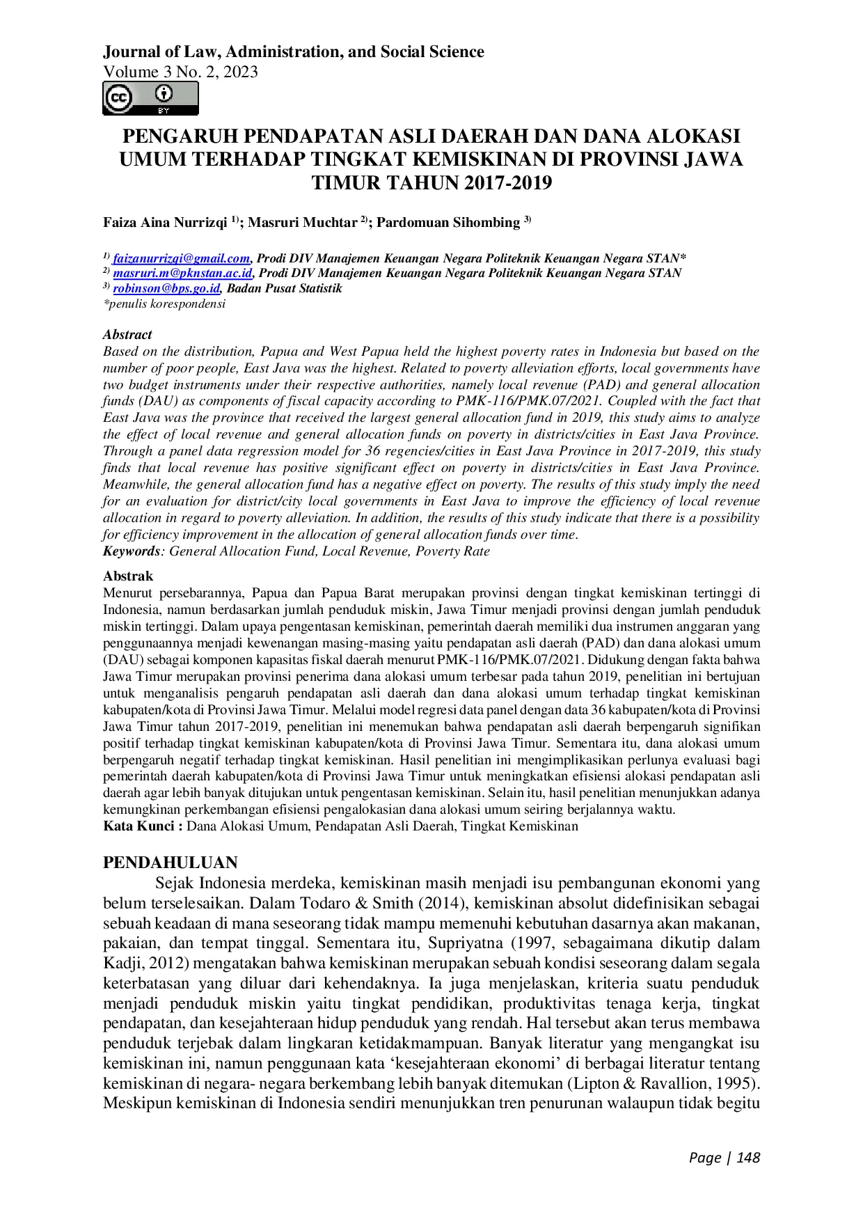 JURIS Pengaruh Pendapatan Asli Daerah Dan Dana Alokasi Umum Terhadap Tingkat Kemiskinan Di Provinsi Jawa Timur Tahun 2017 2019