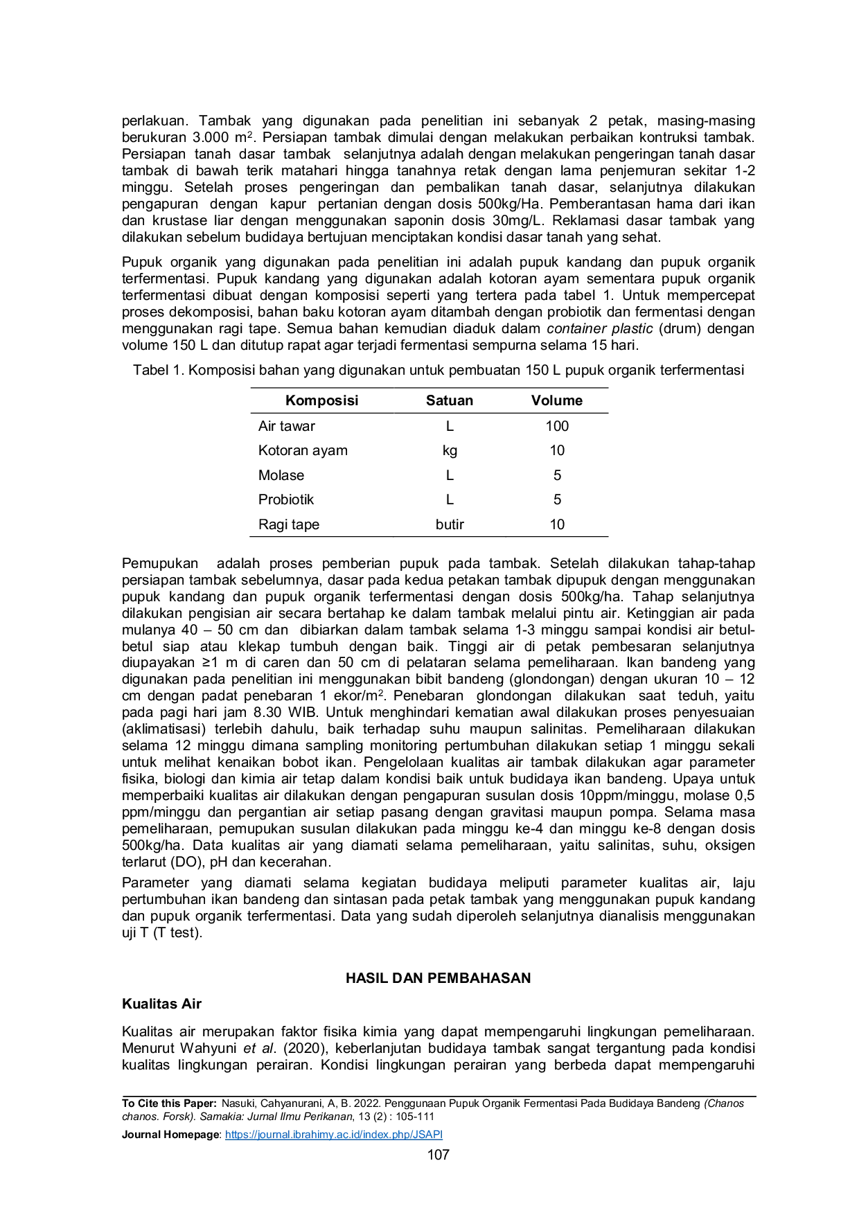 JURIS Penggunaan Pupuk Organik Fermentasi Pada Budidaya Bandeng Chanos Chanos Forsk