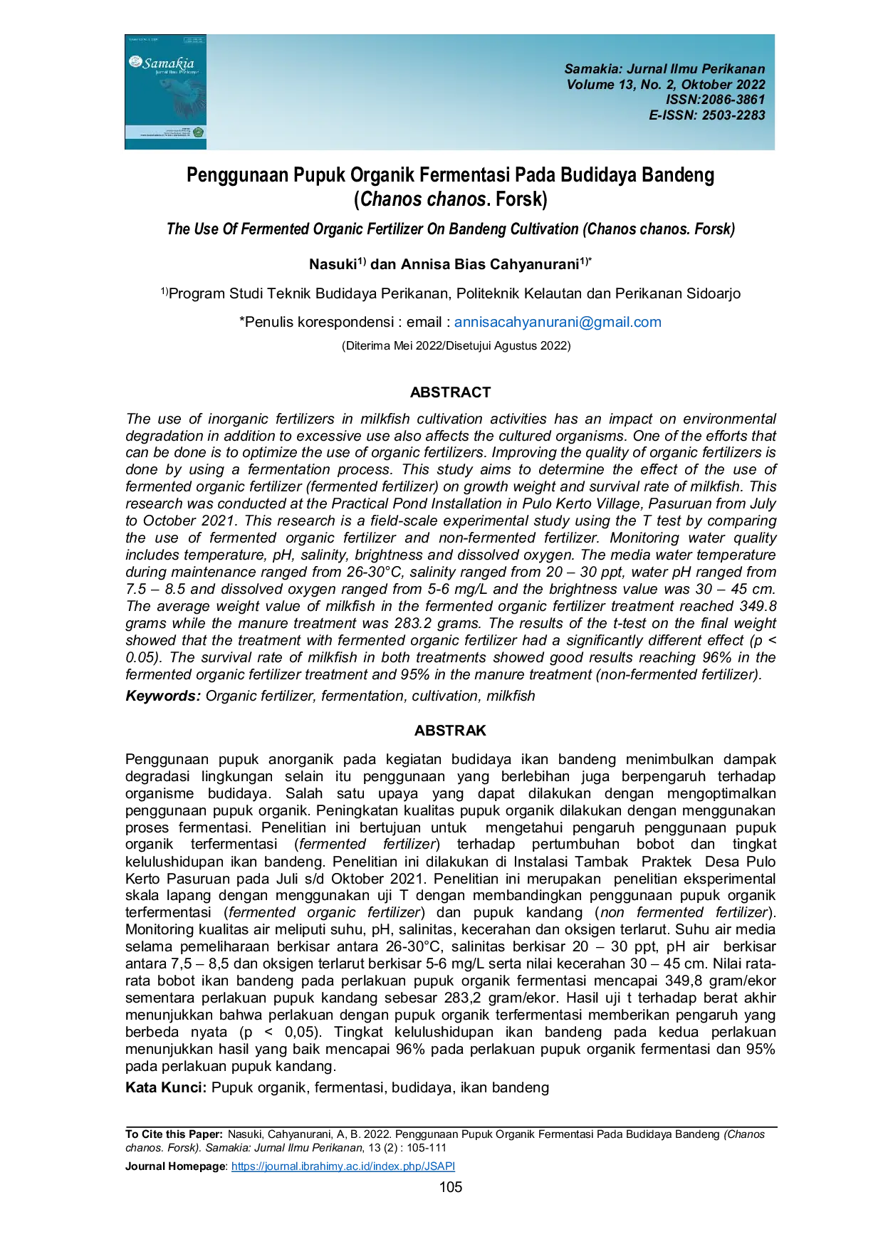 JURIS Penggunaan Pupuk Organik Fermentasi Pada Budidaya Bandeng Chanos Chanos Forsk
