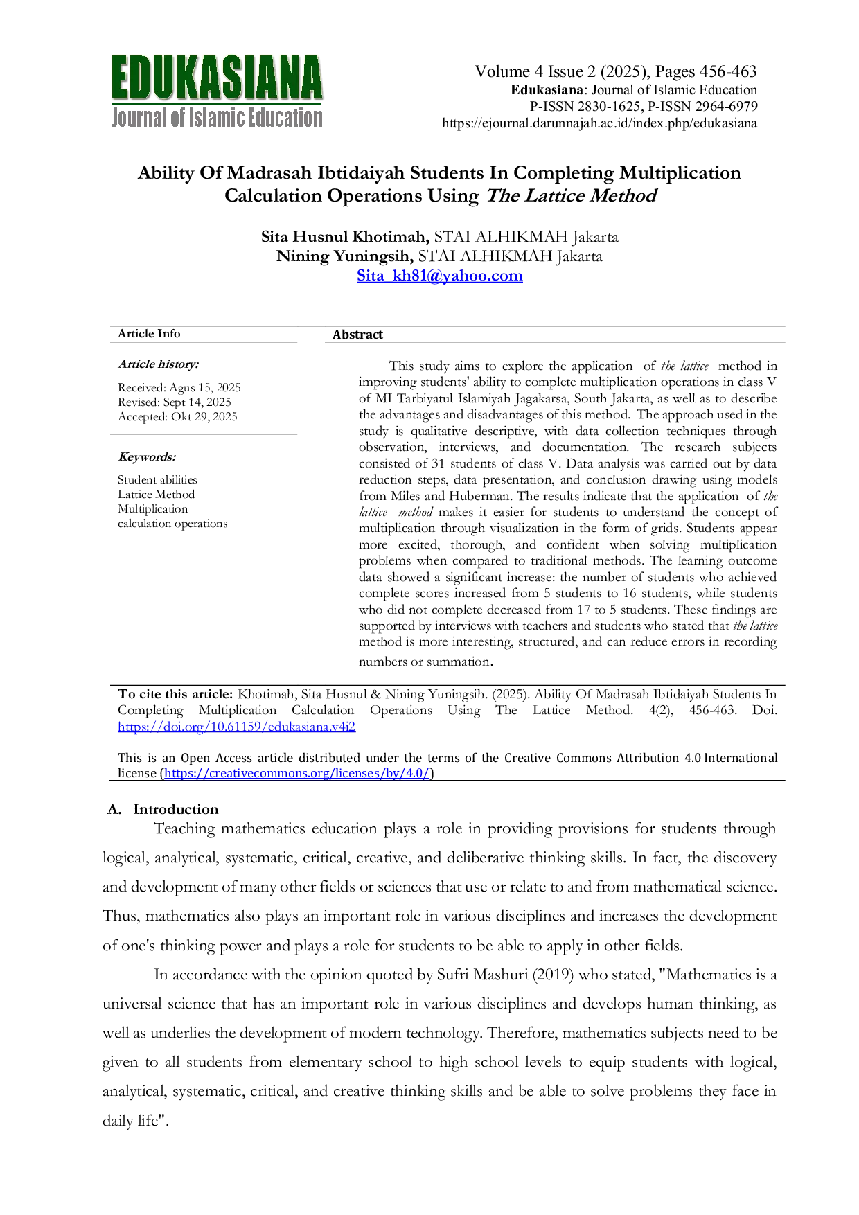 JURIS Ability Of Madrasah Ibtidaiyah Students In Completing Multiplication Calculation Operations Using The Lattice Method