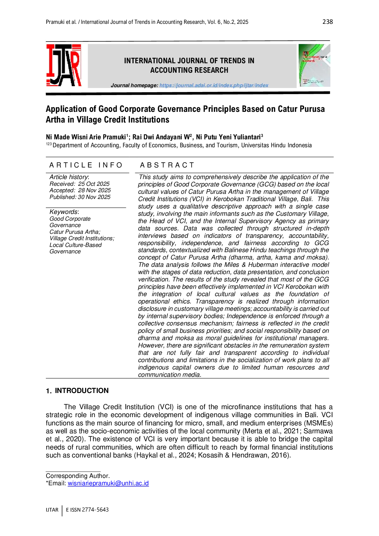 JURIS Application of Good Corporate Governance Principles Based on Catur Purusa Artha in Village Credit Institutions
