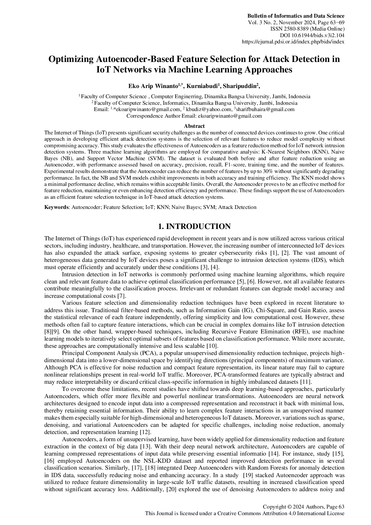 JURIS Optimizing Autoencoder Based Feature Selection for Attack Detection in IoT Networks via Machine Learning Approaches