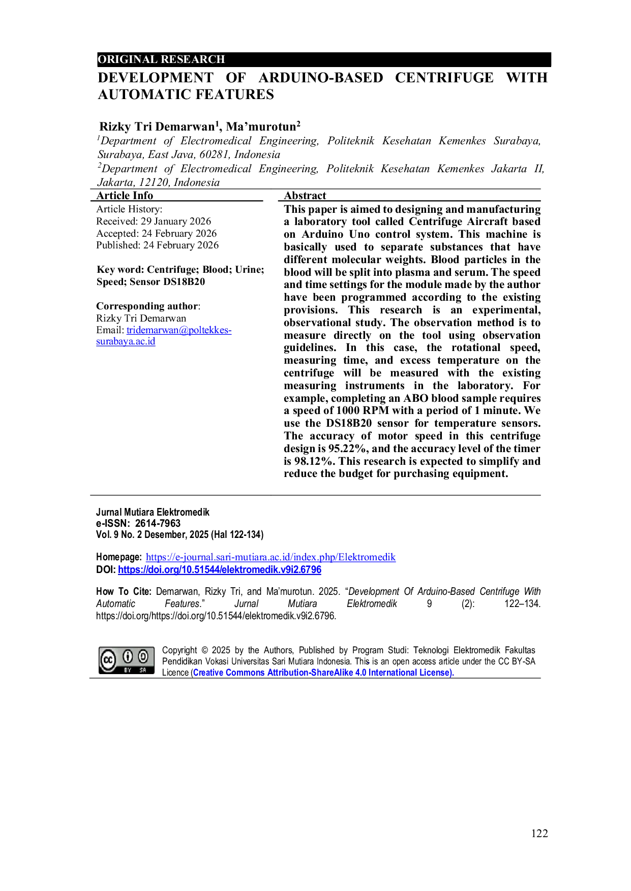 JURIS Development of Arduino Based Centrifuge With Automatic Features