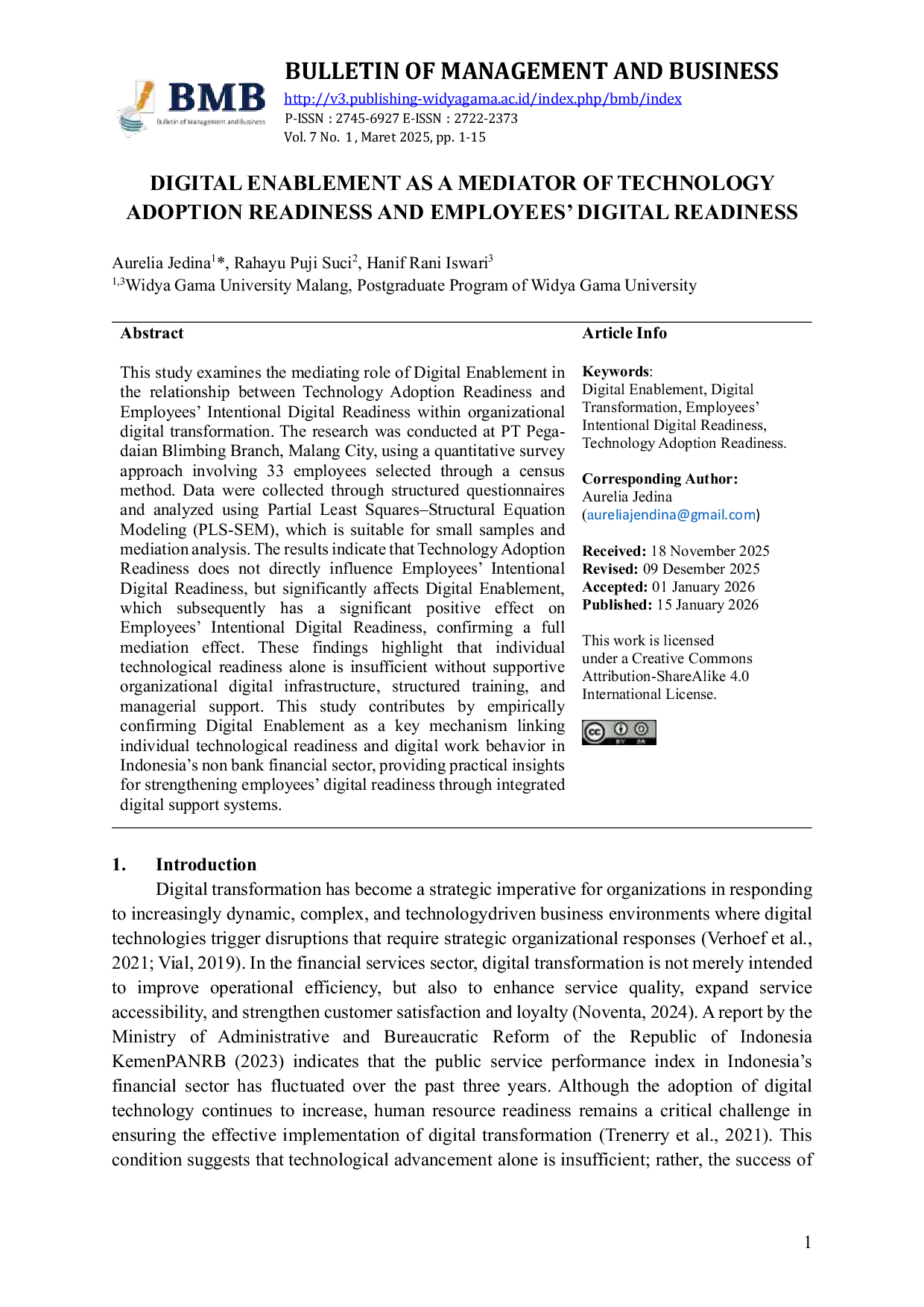 JURIS Digital Enablement As A Mediator Of Technology Adoption And Employees Digital Readiness