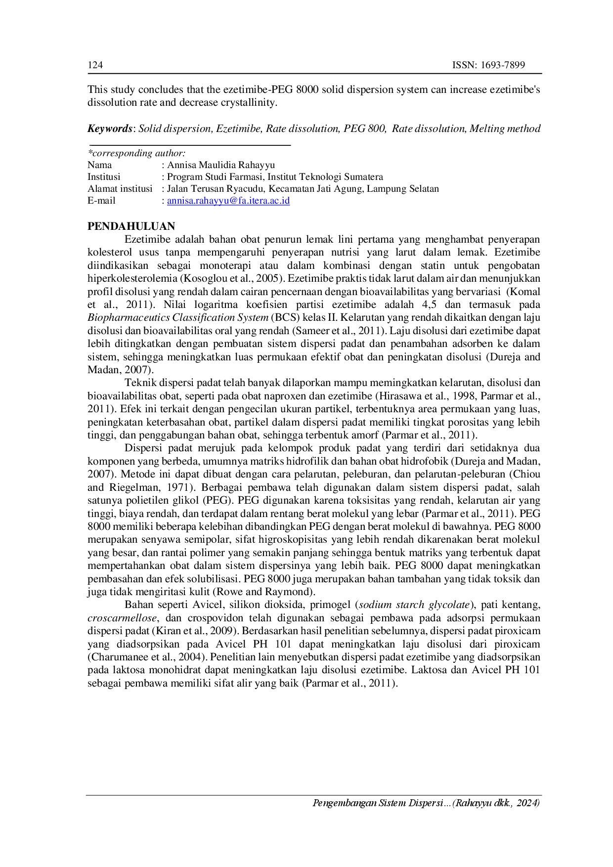 juris Pengembangan Sistem Dispersi Padat Ezetimibe Dengan Matriks Peg 8000 Menggunakan Metode Peleburan
