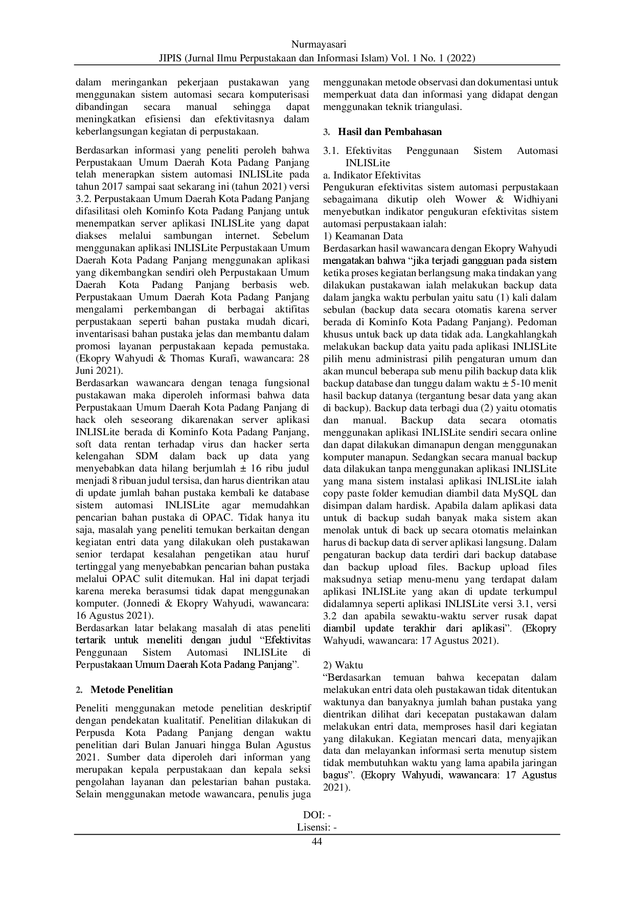 juris Efektivitas Penggunaan Sistem Automasi INLISLite di Perpustakaan Umum Daerah Kota Padang Panjang