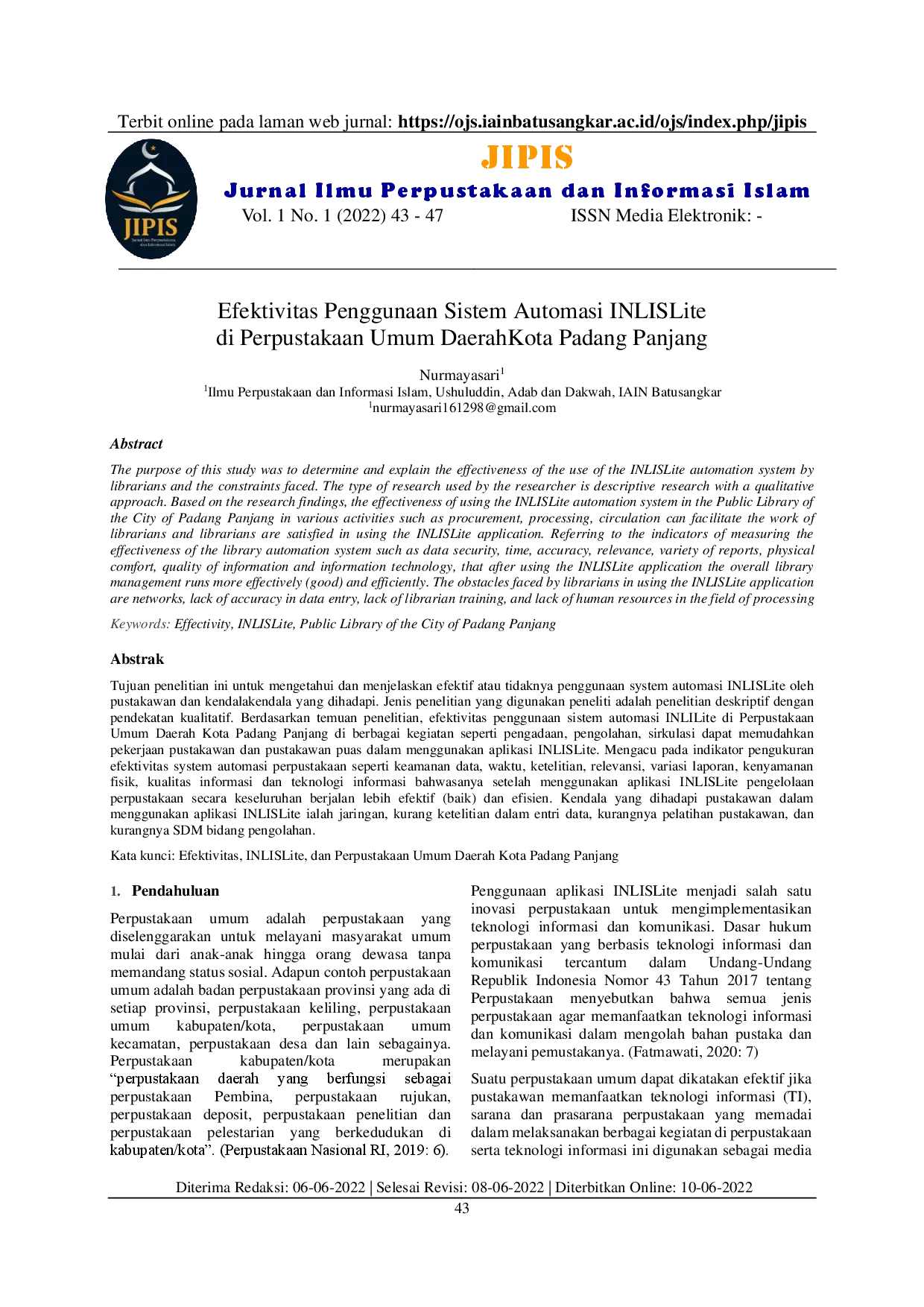 JURIS Efektivitas Penggunaan Sistem Automasi INLISLite di Perpustakaan Umum Daerah Kota Padang Panjang