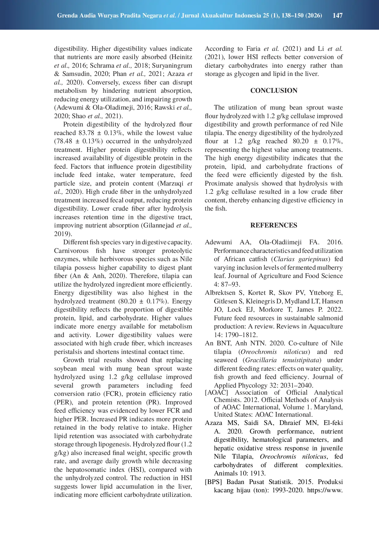 JURIS Utilization of mung bean sprout waste Vigna radiata hydrolyzed cellulase enzyme in feed on the digestibility of Nile tilapia Oreochromis sp