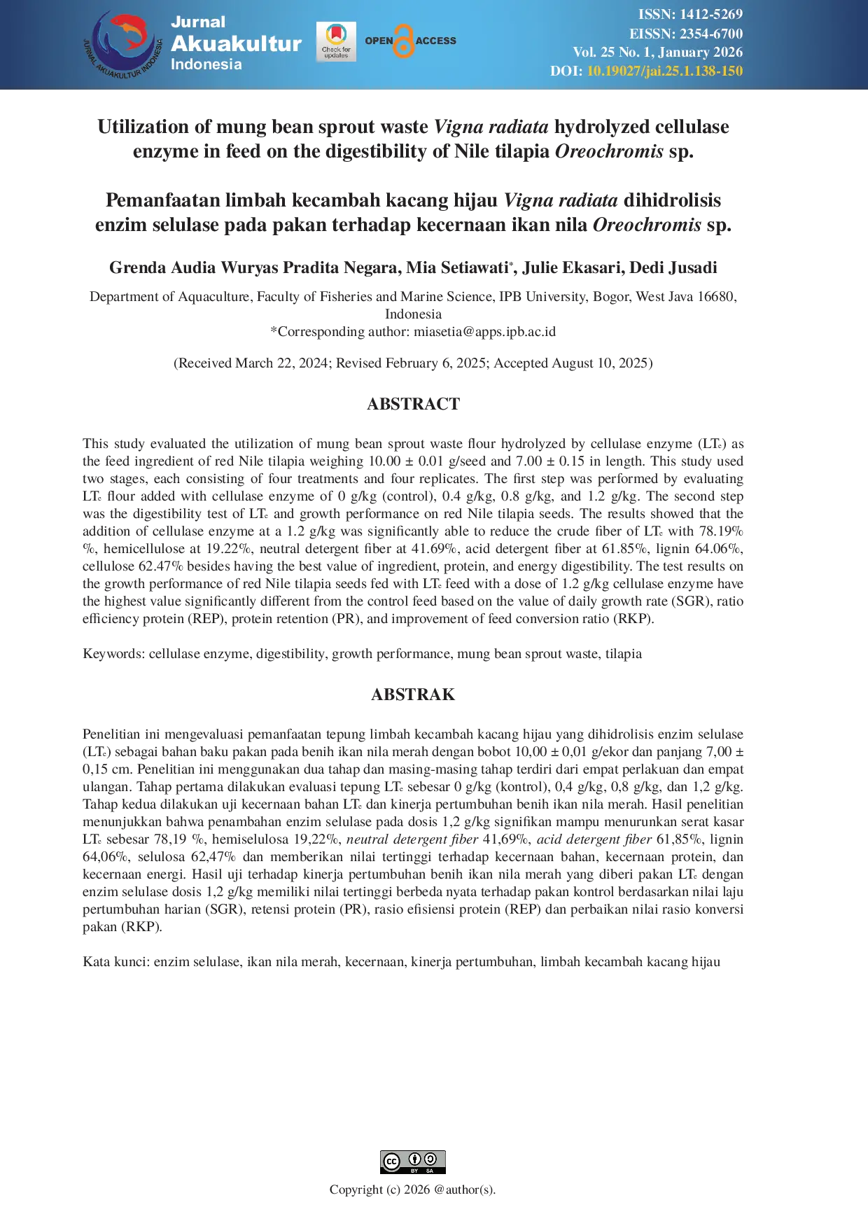 JURIS Utilization of mung bean sprout waste Vigna radiata hydrolyzed cellulase enzyme in feed on the digestibility of Nile tilapia Oreochromis sp