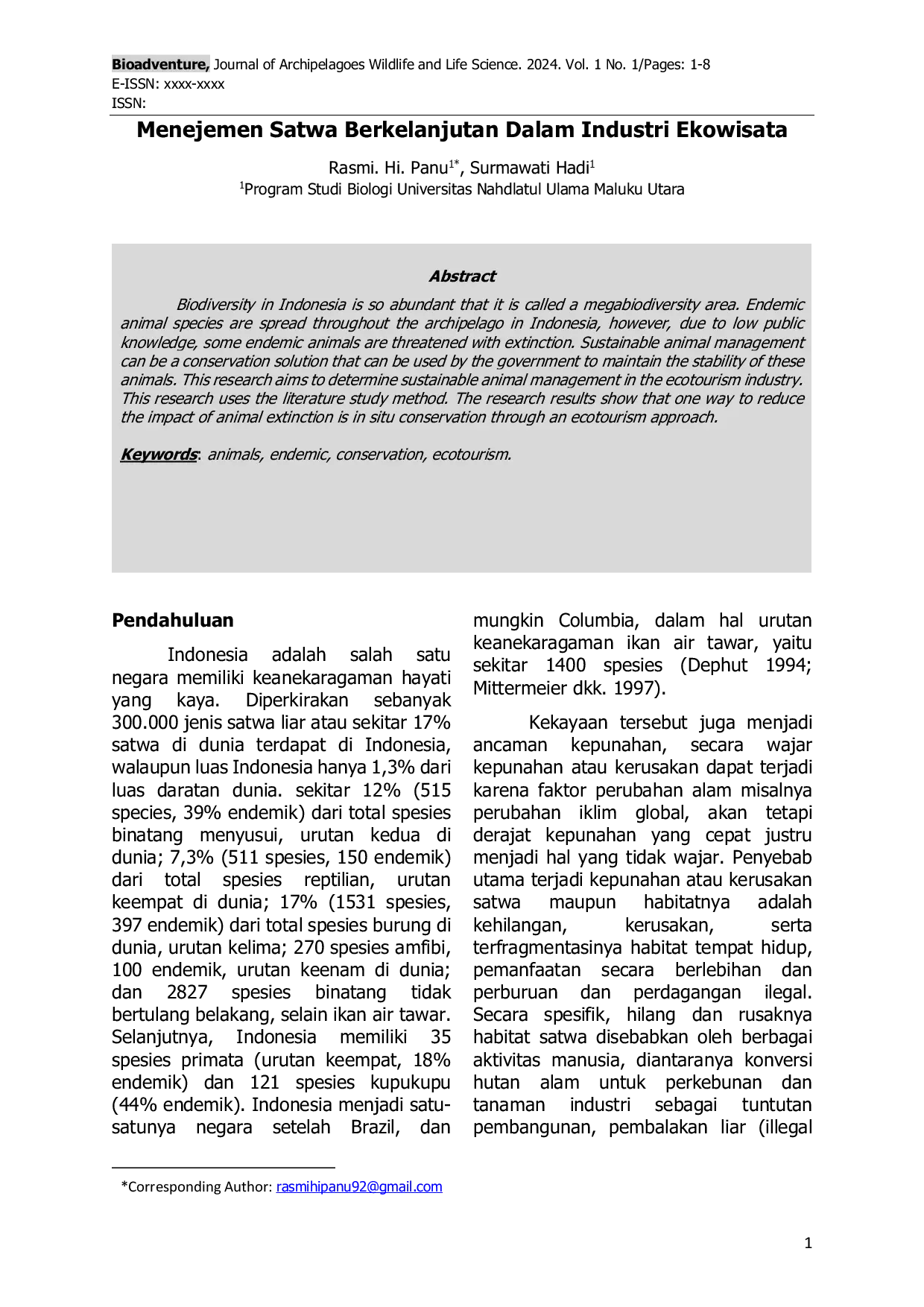 JURIS Menejemen Satwa Berkelanjutan Dalam Industri Ekowisata