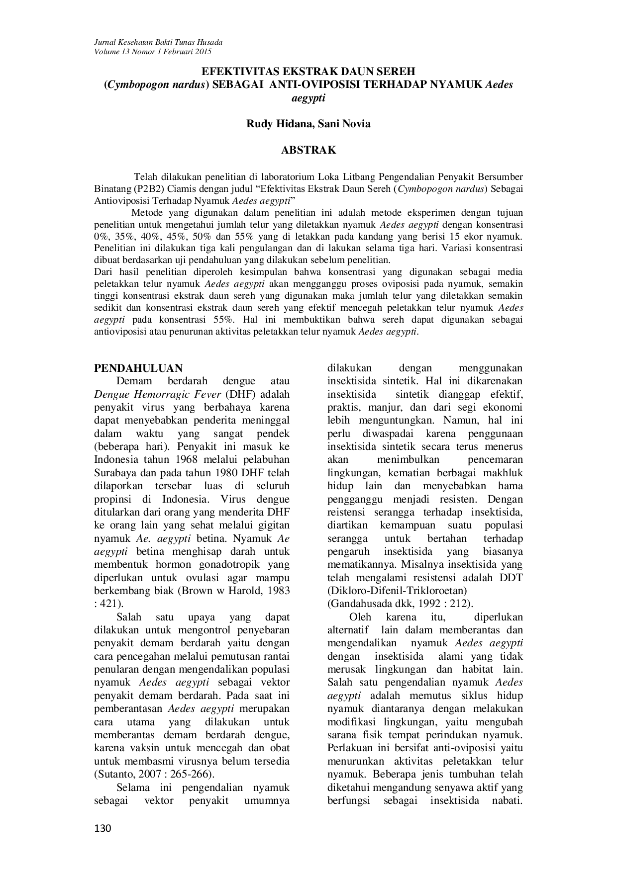 JURIS EFEKTIVITAS EKSTRAK DAUN SEREH Cymbopogon nardus SEBAGAI ANTI OVIPOSISI TERHADAP NYAMUK Aedes aegypti