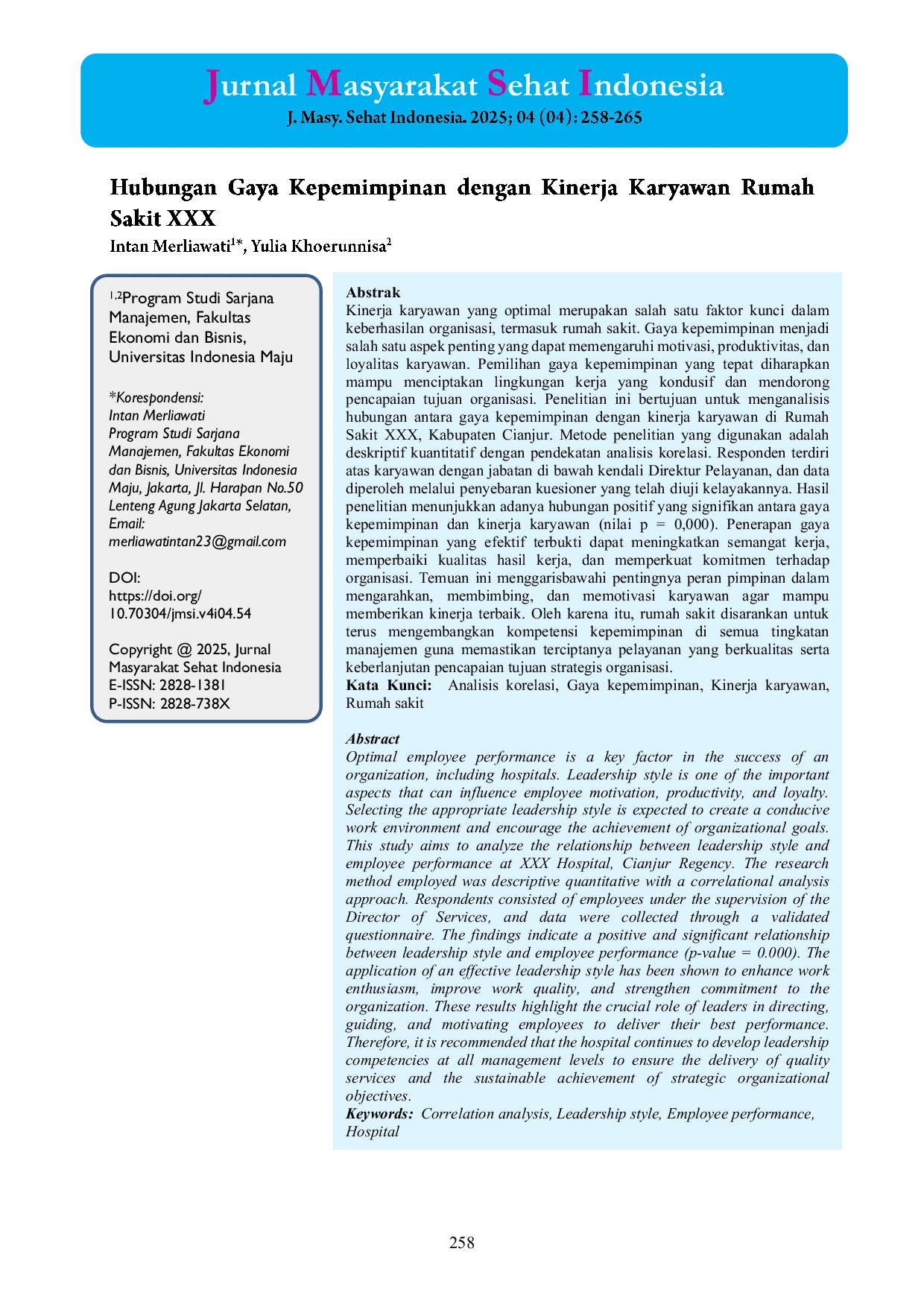 JURIS Hubungan Gaya Kepemimpinan dengan Kinerja Karyawan Rumah Sakit XXX