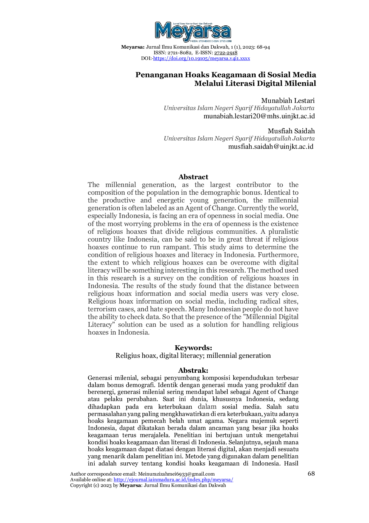 JURIS Penanganan Hoaks Keagamaan di Sosial Media Melalui Literasi Digital Milenial