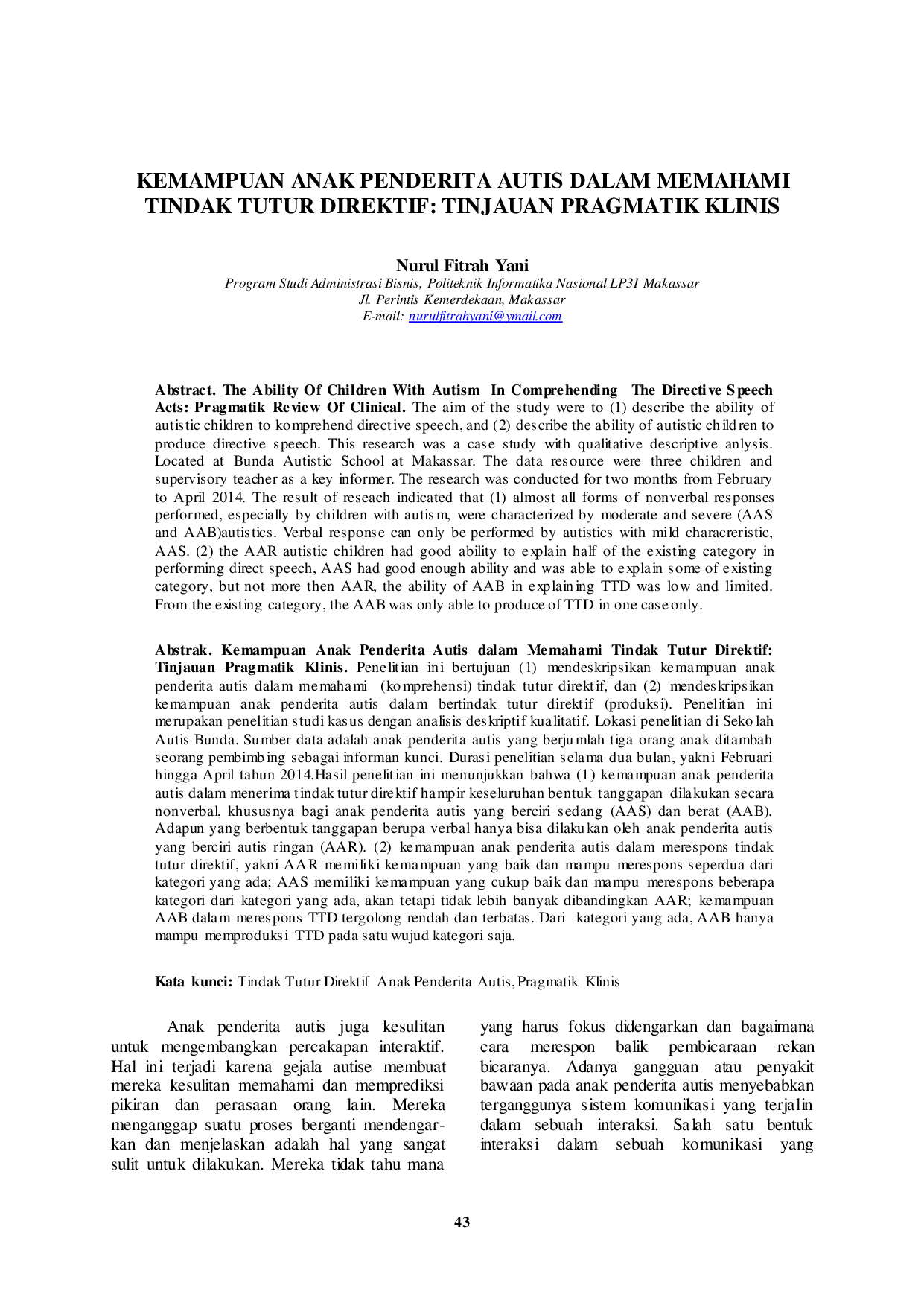 JURIS Kemampuan Anak Penderita Autis Dalam Memahami Tindak Tutur Direktif Tinjauan Pragmatik Klinis