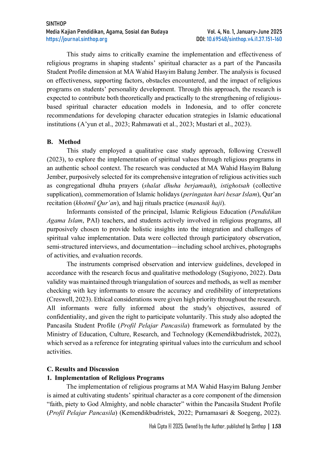 JURIS Religious Programs as Drivers of Spiritual Character in the Pancasila Student Profile A Case Study at MA Wahid Hasyim Balung Jember