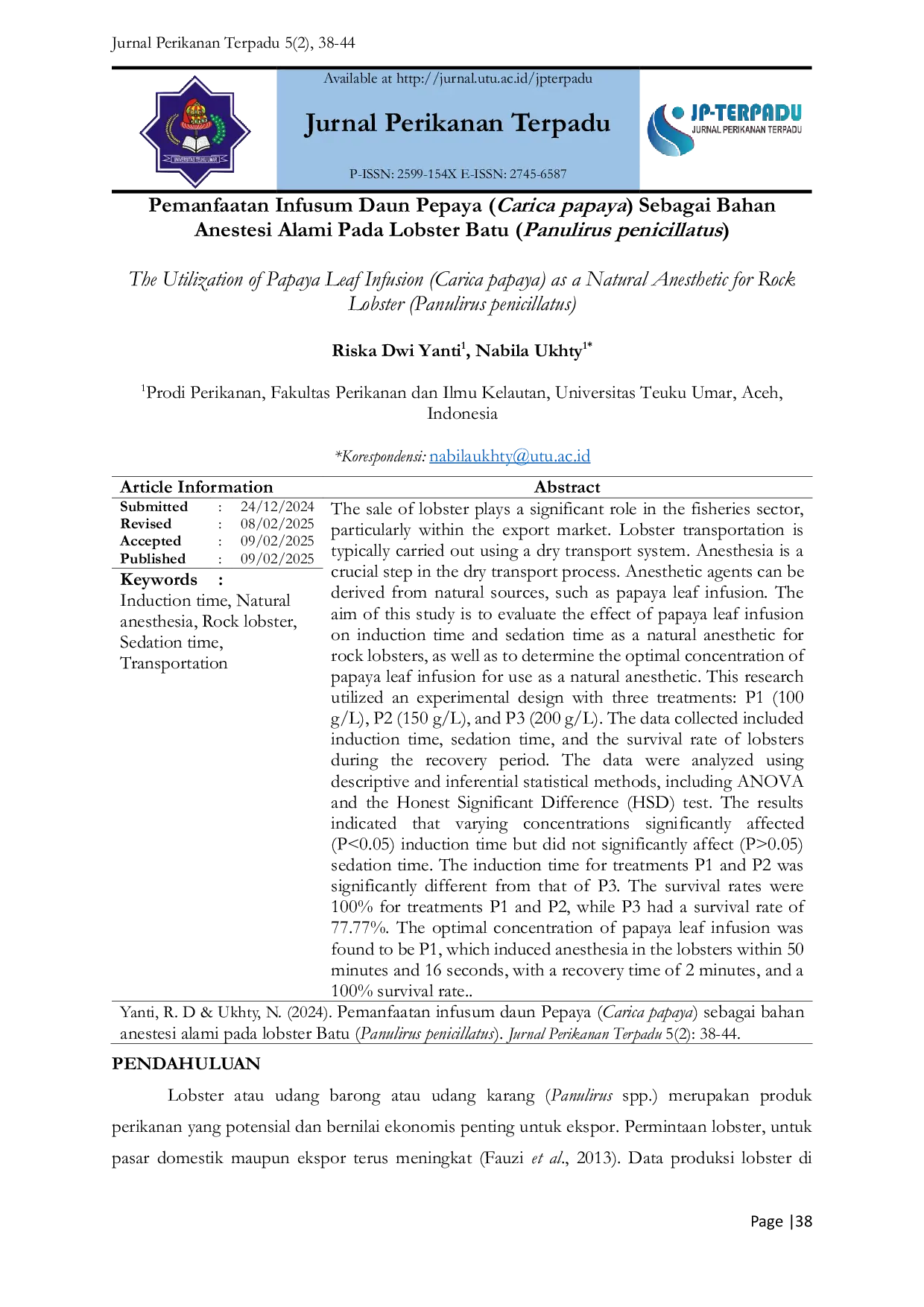 JURIS The Utilization of Papaya Leaf Infusion Carica papaya as a Natural Anesthetic for Rock Lobster Panulirus penicillatus