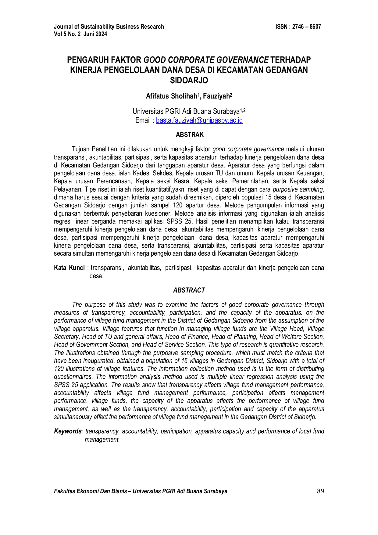 JURIS Pengaruh Faktor Good Corporate Governance Terhadap Kinerja Pengelolaan Dana Desa Di Kecamatan Gedangan Sidoarjo