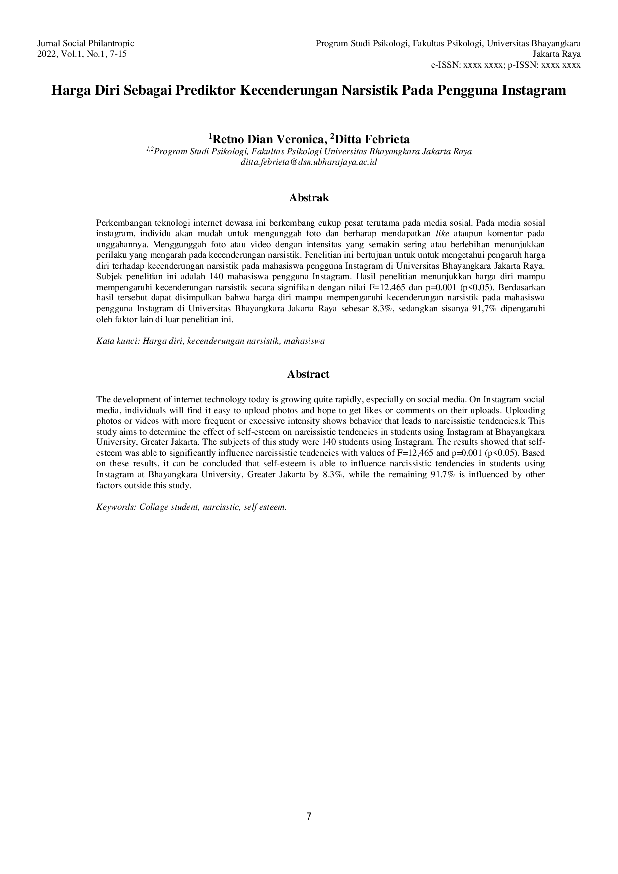 JURIS Harga Diri Sebagai Prediktor Kecenderungan Narsistik Pada Pengguna Instagram Retno Dian Veronica Ditta Febrieta