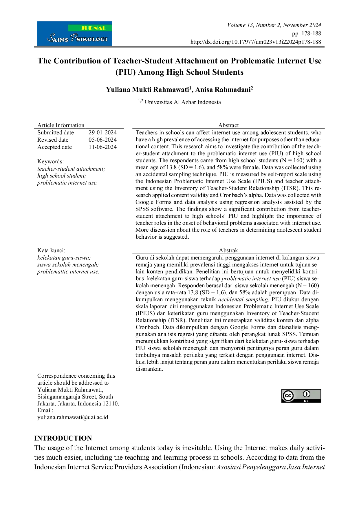 JURIS The Contribution of Teacher Student Attachment on Problematic Internet Use PIU Among High School Students