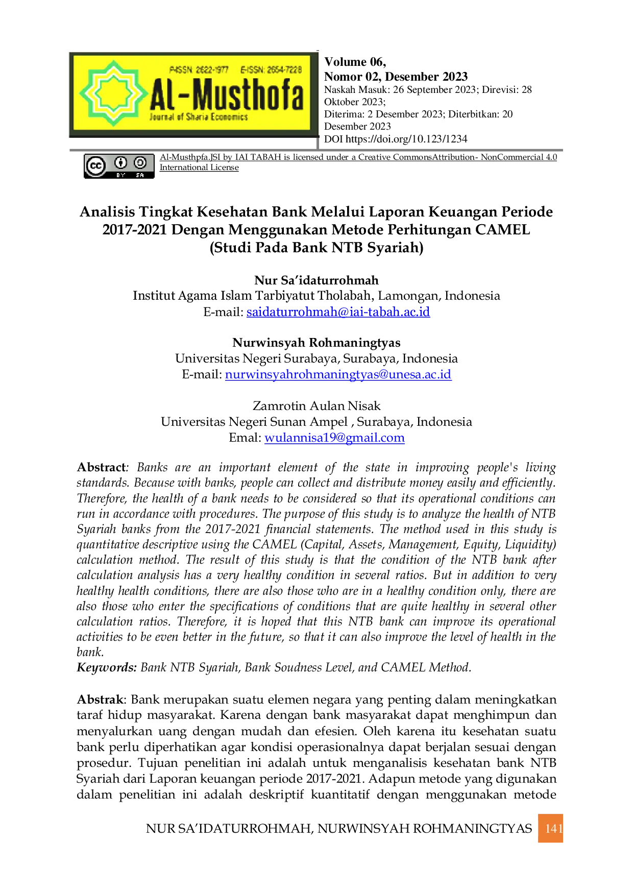 JURIS Analisis Tingkat Kesehatan Bank Melalui Laporan Keuangan Periode 2017 2021 Dengan Menggunakan Metode Perhitungan CAMEL Studi Pada Bank NTB Syariah