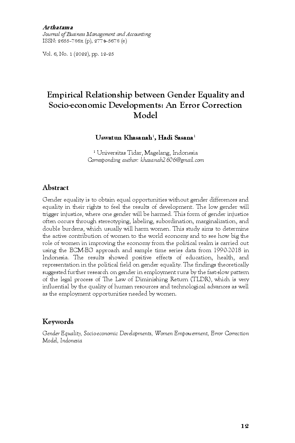 juris Empirical Relationship between Gender Equality and Socio economic Developments An Error Correction Model