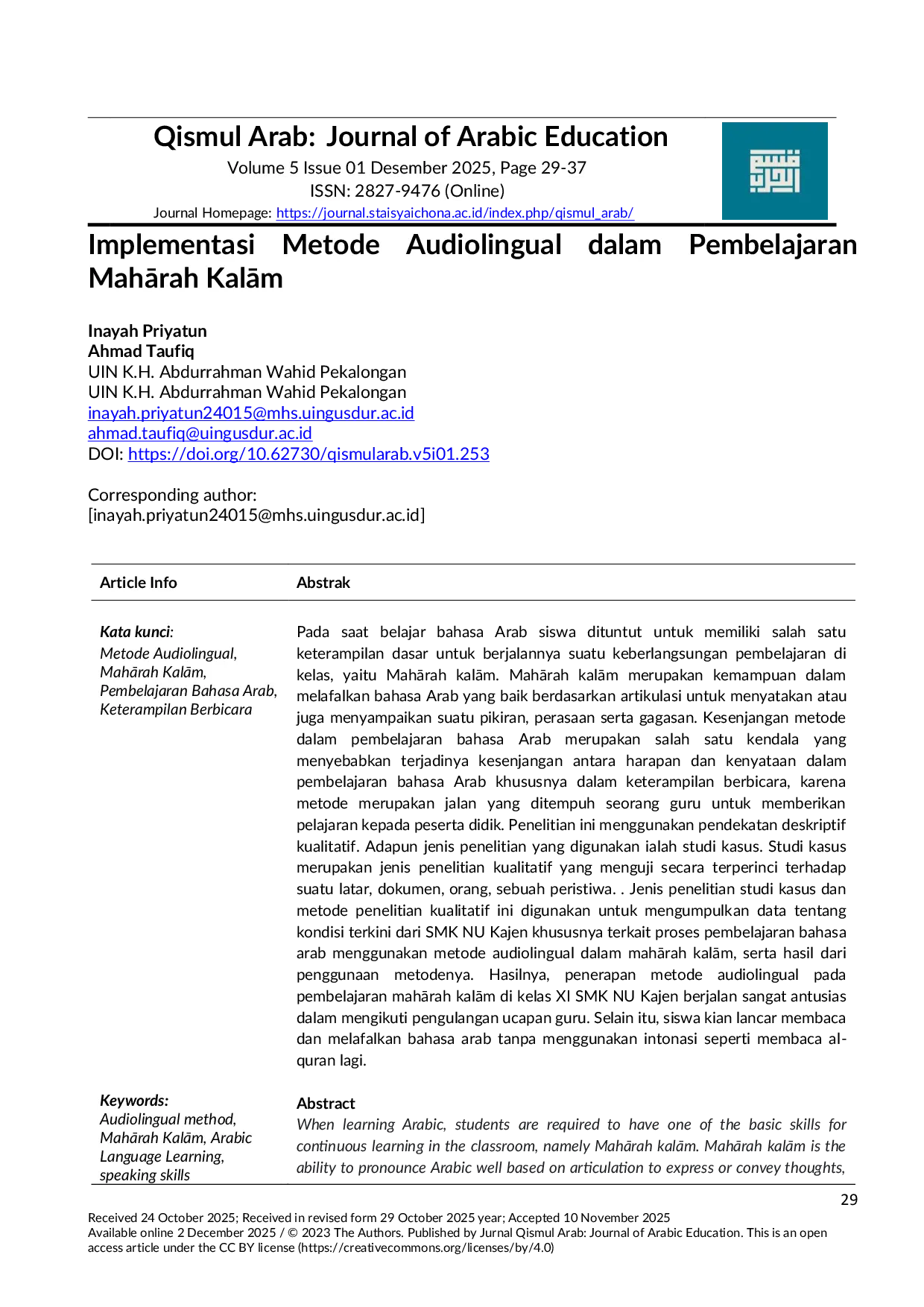 JURIS Implementasi Metode Audiolingual dalam Pembelajaran Maharah Kalam