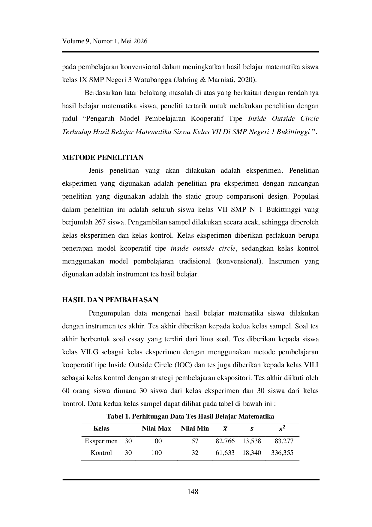 JURIS Pengaruh Model Pembelajaran Kooperatif Tipe Inside Outside Circle Terhadap Hasil Belajar Matematika Siswa Kelas VII Di SMP Negeri 1 Bukittinggi