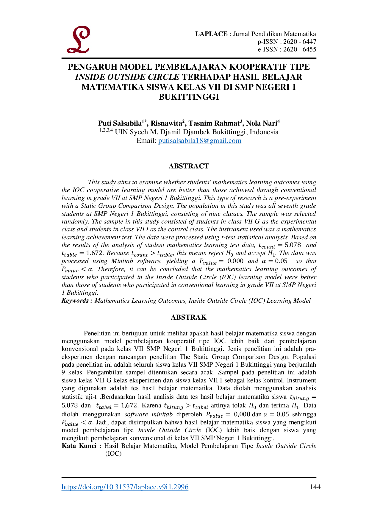 JURIS Pengaruh Model Pembelajaran Kooperatif Tipe Inside Outside Circle Terhadap Hasil Belajar Matematika Siswa Kelas VII Di SMP Negeri 1 Bukittinggi