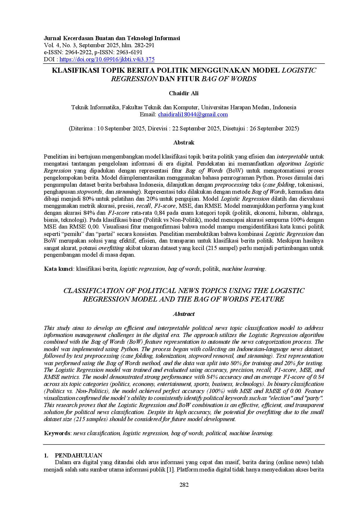 juris Klasifikasi Topik Berita Politik Menggunakan Model Logistic Regression Dan Fitur Bag Of Words