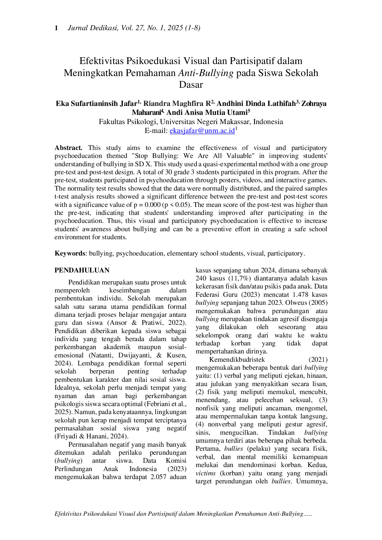 JURIS Efektivitas Psikoedukasi Visual dan Partisipatif dalam Meningkatkan Pemahaman Anti Bullying pada Siswa Sekolah Dasar