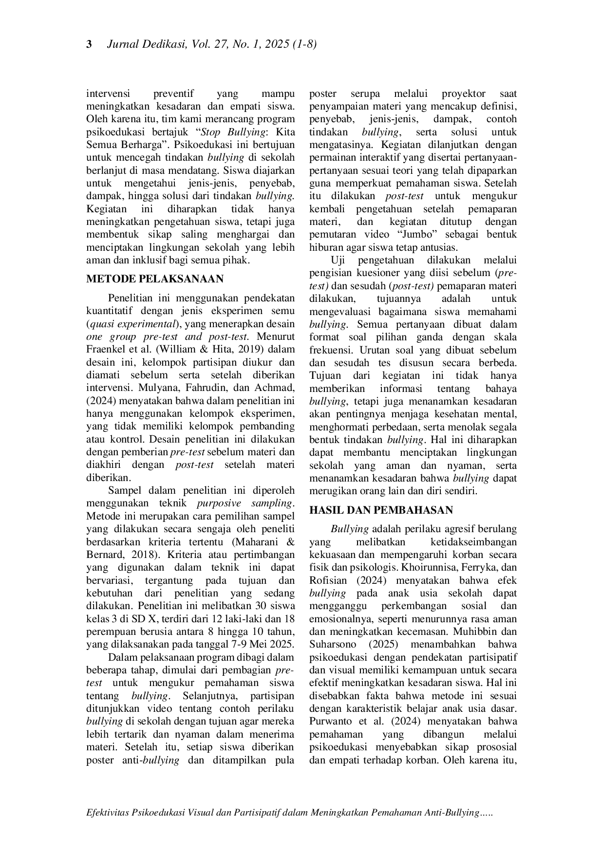 JURIS Efektivitas Psikoedukasi Visual dan Partisipatif dalam Meningkatkan Pemahaman Anti Bullying pada Siswa Sekolah Dasar