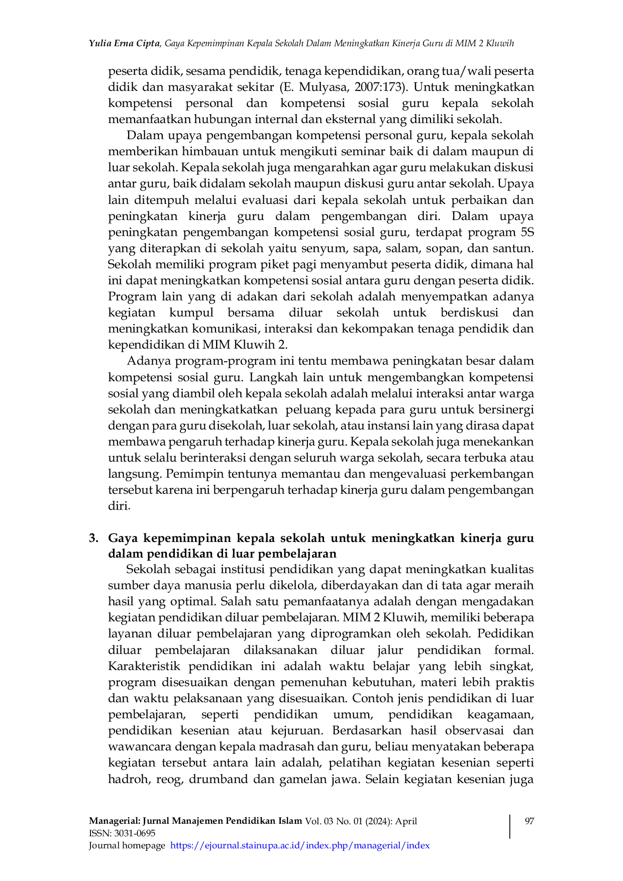 JURIS Gaya Kepemimpinan Kepala Sekolah dalam Meningkatkan Kinerja Guru di MIM Kluwih 2