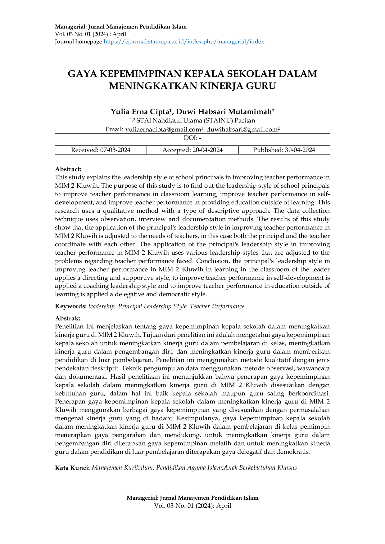 JURIS Gaya Kepemimpinan Kepala Sekolah dalam Meningkatkan Kinerja Guru di MIM Kluwih 2